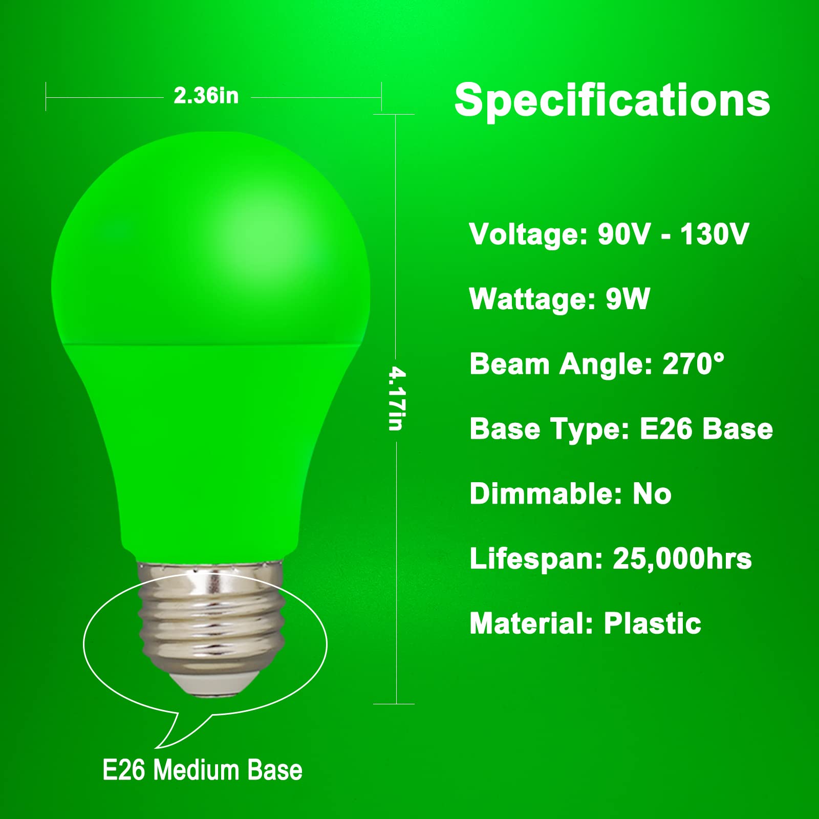 U4Glory Led Green Color Light Bulb - 9W(60W Equivalent) Green Color Bulbs, A19 Green Led Bulbs With E26 Base Perfect For Porch, Christmas, Indoor, Outdoor, Party Decoration, Home Lighting, 4 Pack
