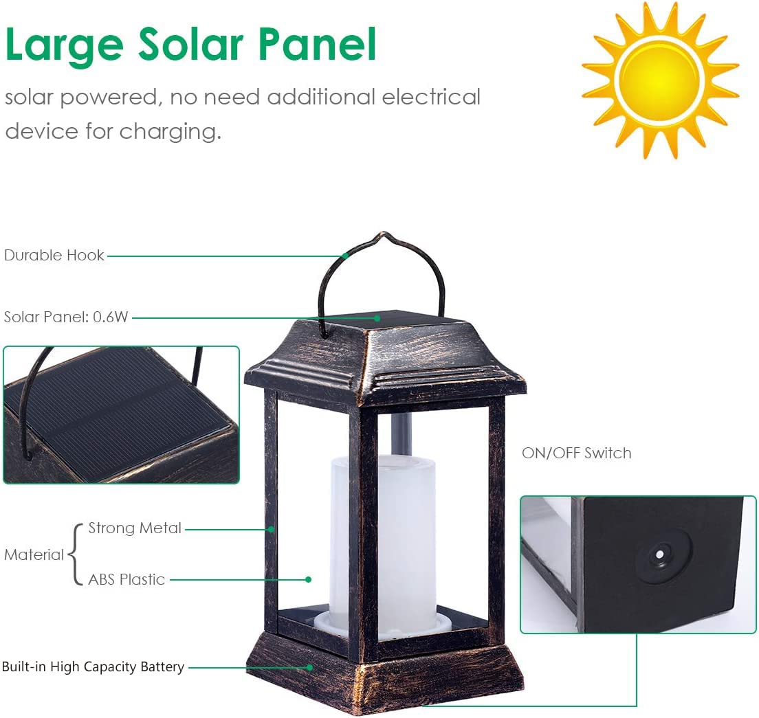 TomCare Solar Lanterns - 2 Pack Metal Flickering Flame LED Lights, Waterproof, Bronze, Model SZ-19003 for Outdoor Patio Garden Decor