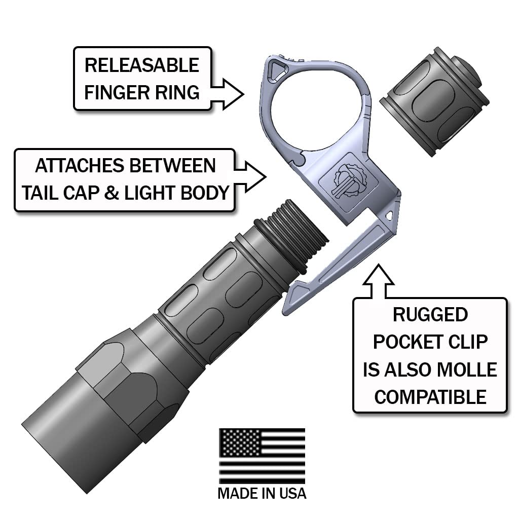 Thyrm Switchback Large 2.0 Flashlight Ring (Urban Grey, Non-Dual Fuel Version) Finger Release Ring With Pocket Clip For Many 1-Inch Diameter Lights, Made In Usa