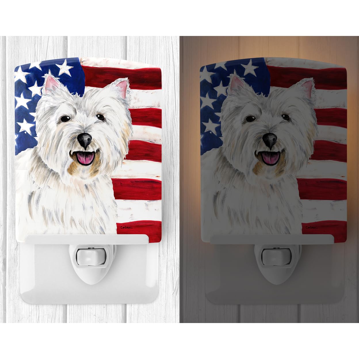 Carolines Treasures Ceramic Night Light, USA American Flag, Westie 9008, 6x4x3in, UL-Certified, Ideal for Bedroom, Bathroom, Nursery