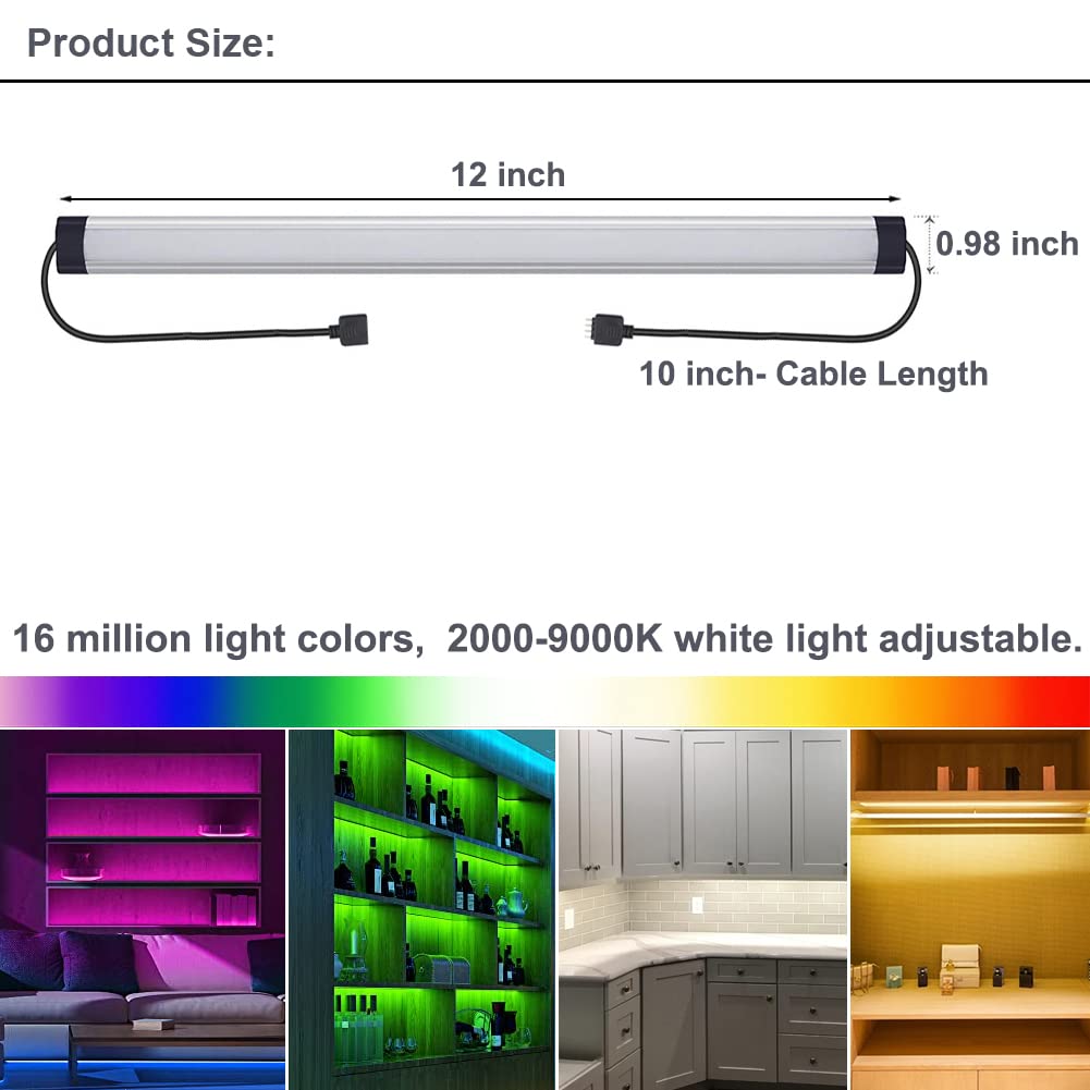 LAIFUNI RGB Under Cabinet Lights, LED Light Bar, Dimmable, Remote Control, 12 Inch, 3 Pack, Aluminum, Compatible with Alexa, Google Home