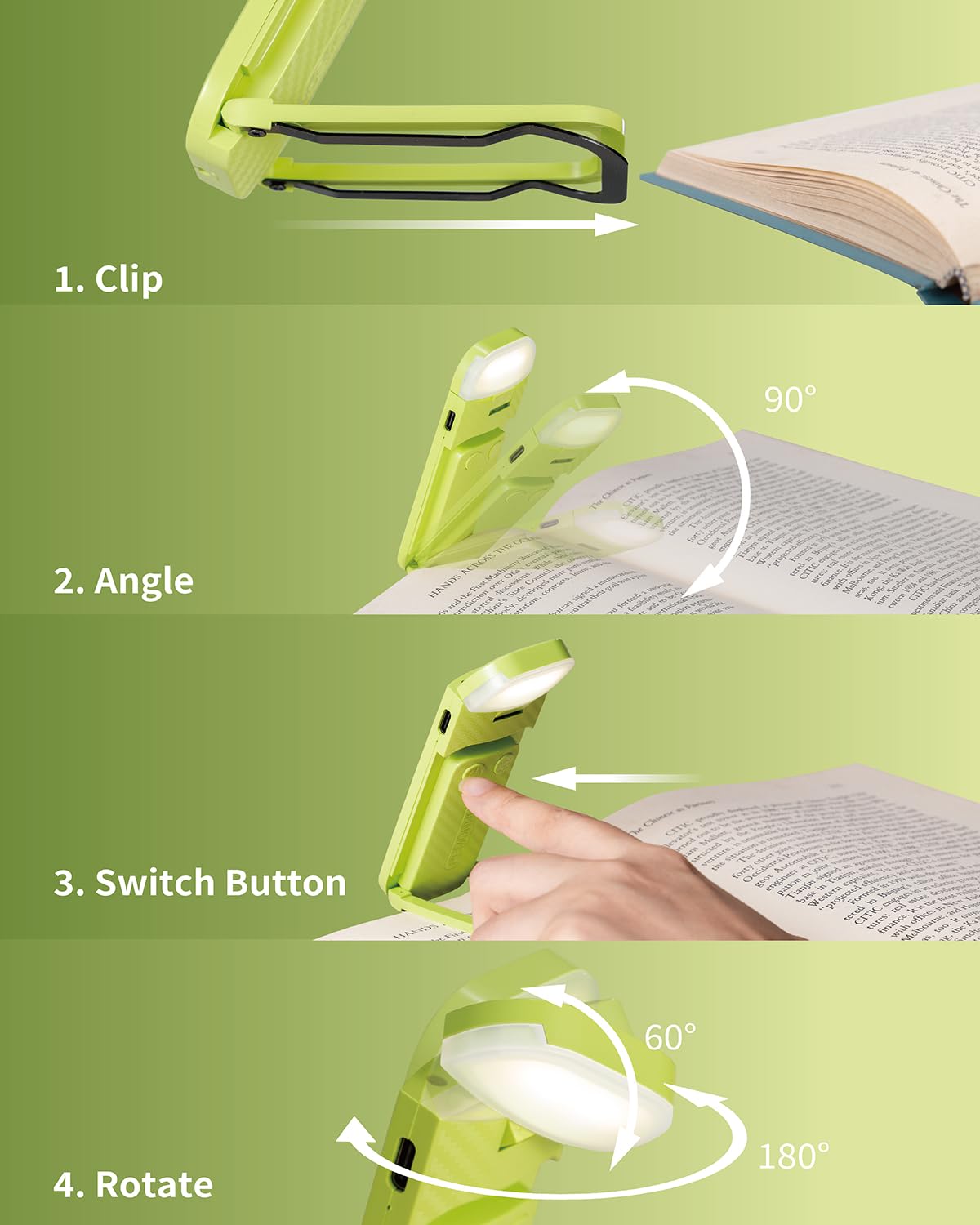 Hemonnkam Clip-On Rechargeable Book Light - Perfect For Night Reading In Bed, Available In Apple Green