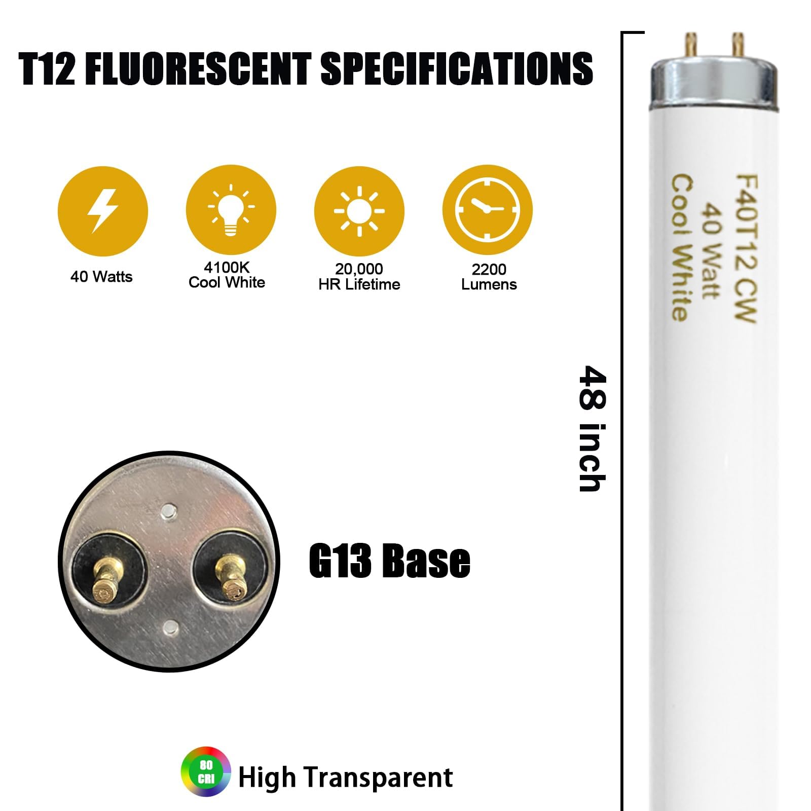 Konideke T12 Fluorescent Light Bulb, 40W, 4 Foot, Cool White 4100K, G13 Bi-Pin Base, 9 Pack, Glass