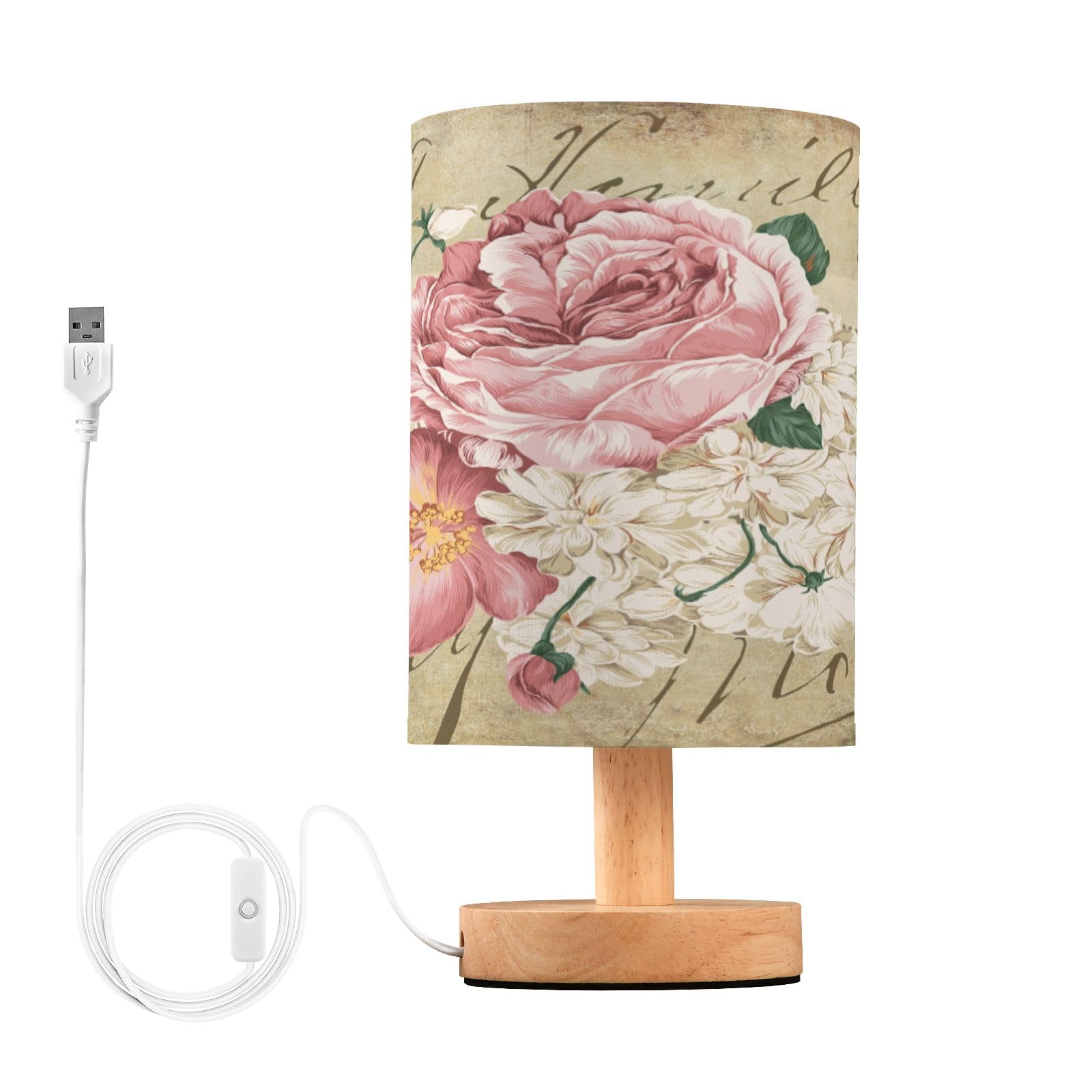 Bolaz Small Table Lamp for Bedroom Vintage Shabby Chic Pink Rose Flowers Table Lamp Nightstand Lamp for Livingroom Office Reading Working Table Desk