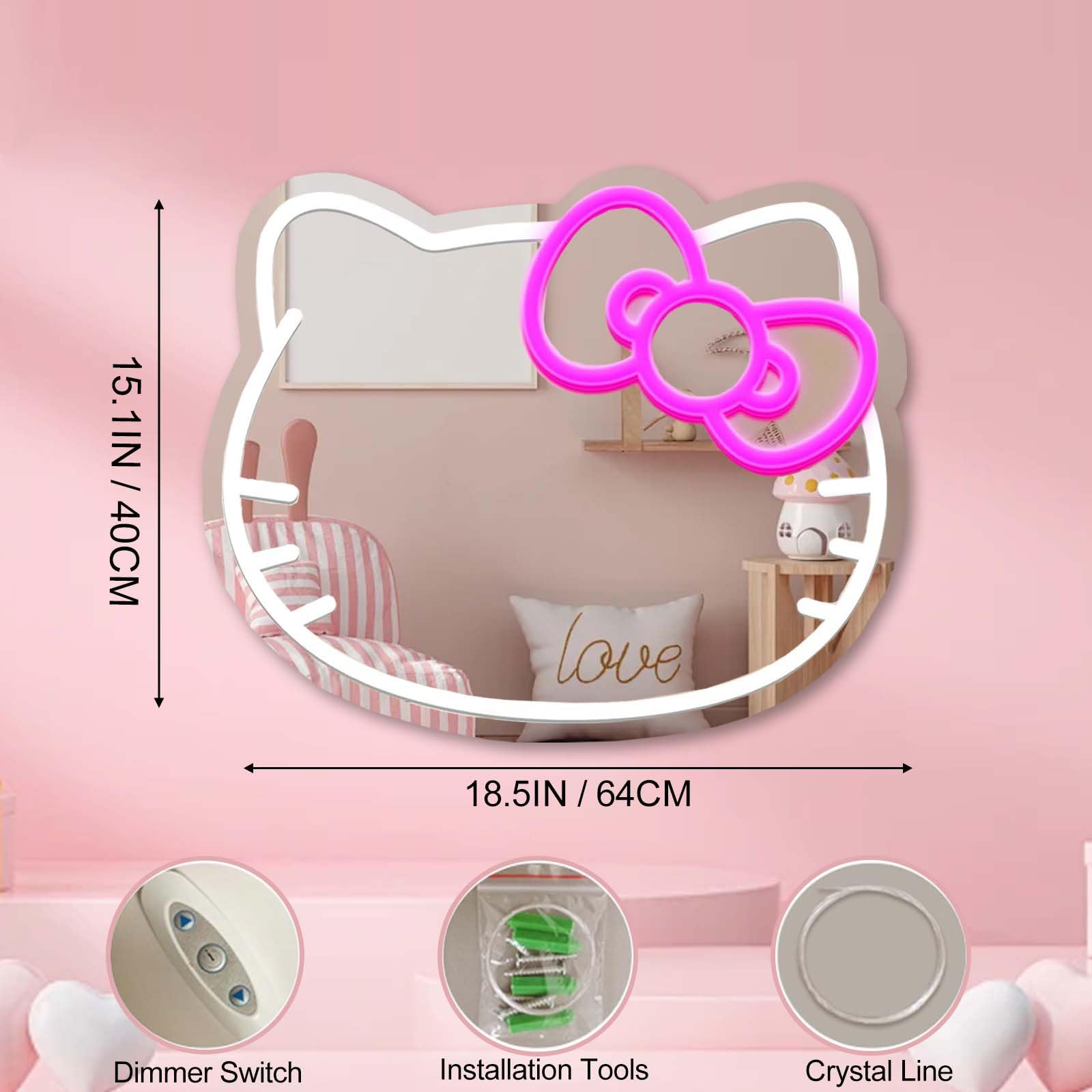 UIWEBABA Hello Kitty LED Vanity Mirror, 18.5"x15.1", 10 Level Dimmable, Pink & White, Model 20241206, Acrylic for Kids