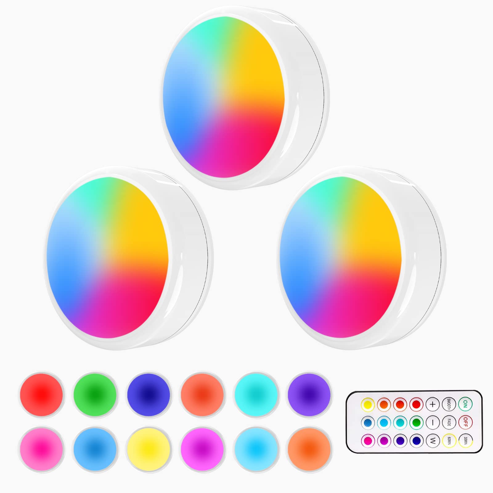 ILYXY Puck Lights with Remote, 3 Pack LED Under Cabinet Lighting Dimmable Push Lights Battery Operated Wireless Under Counter Li