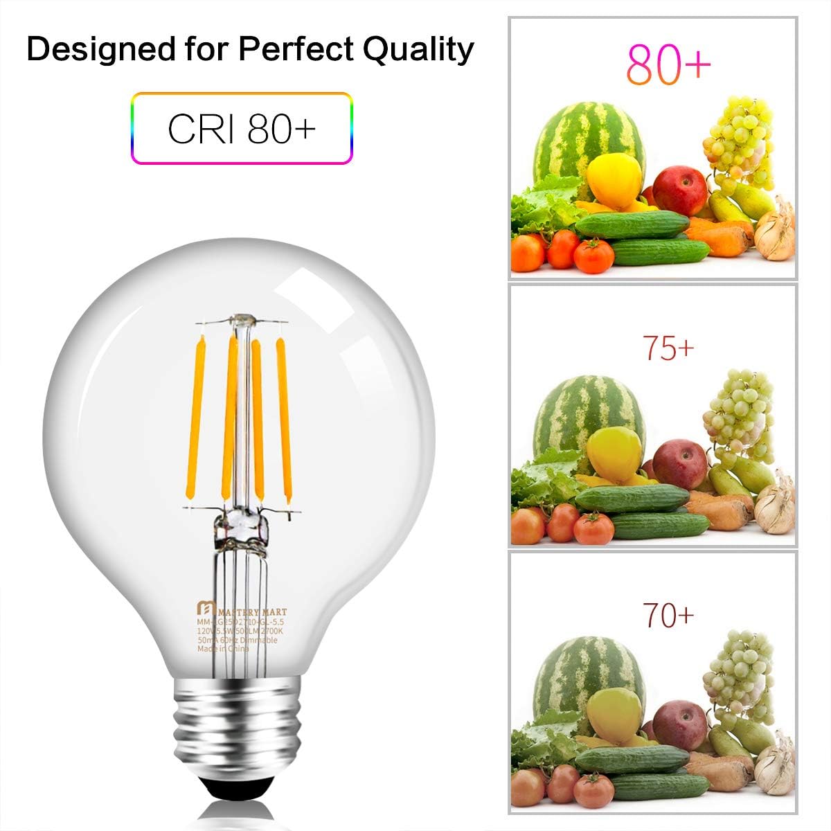 Mastery Mart G25 Globe Light Bulbs, Dimmable, E26 Base, 60W Equivalent, 2700K Soft White, Vintage Filament For Bathroom Mirror,