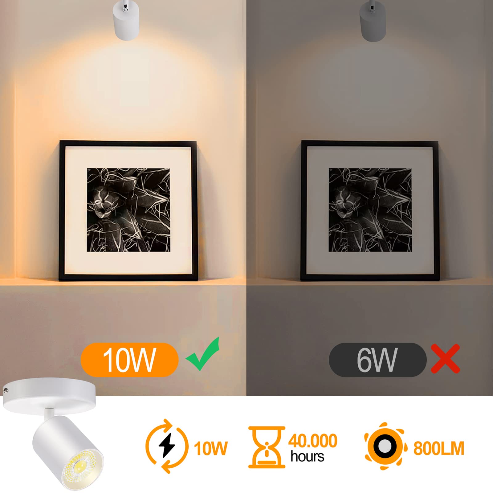 Vanoopee Dimmable Led Ceiling Spotlight, Adjustable 10W 800Lm 3000K, White Indoor Accent Light