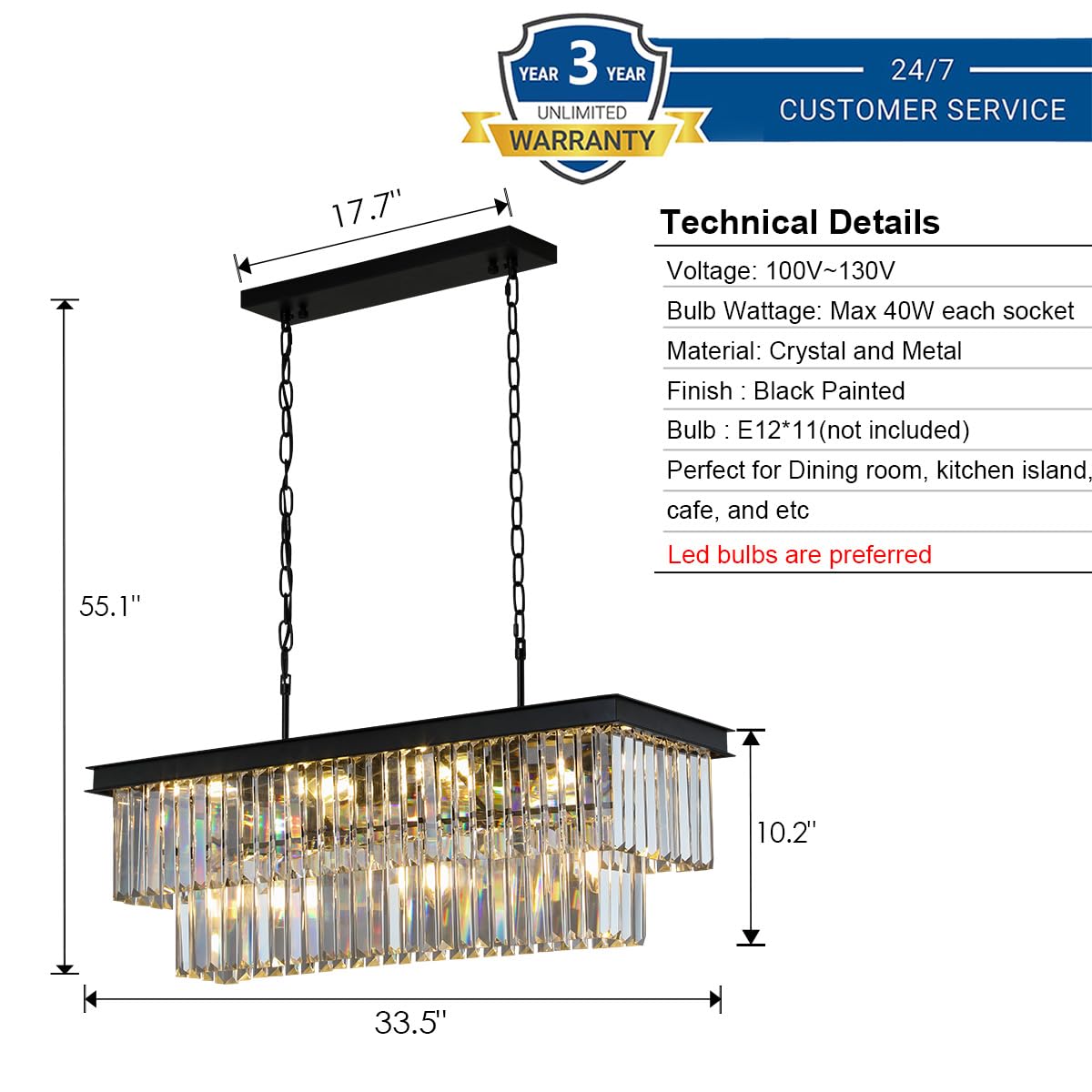Weesalife 9-Lights Black Crystal Chandelier for Dining Room, 28 Inch Modern Rectangle Light Fixture