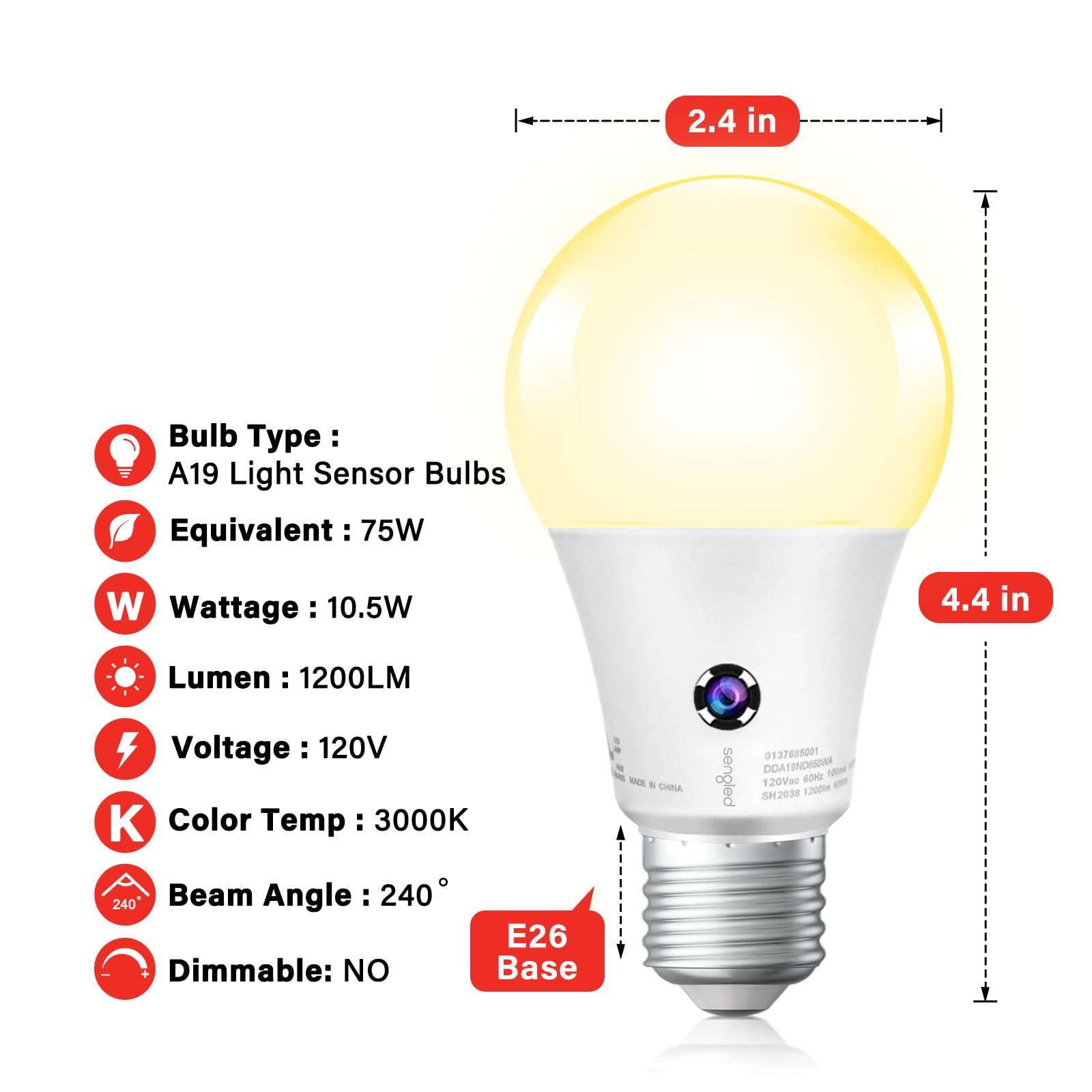Sengled Dusk To Dawn Light Bulbs, Automatic Photocell Led Bulb For Outdoor Lighting, 3000K Soft White, A19 Led, 1200Lm, Sensor L