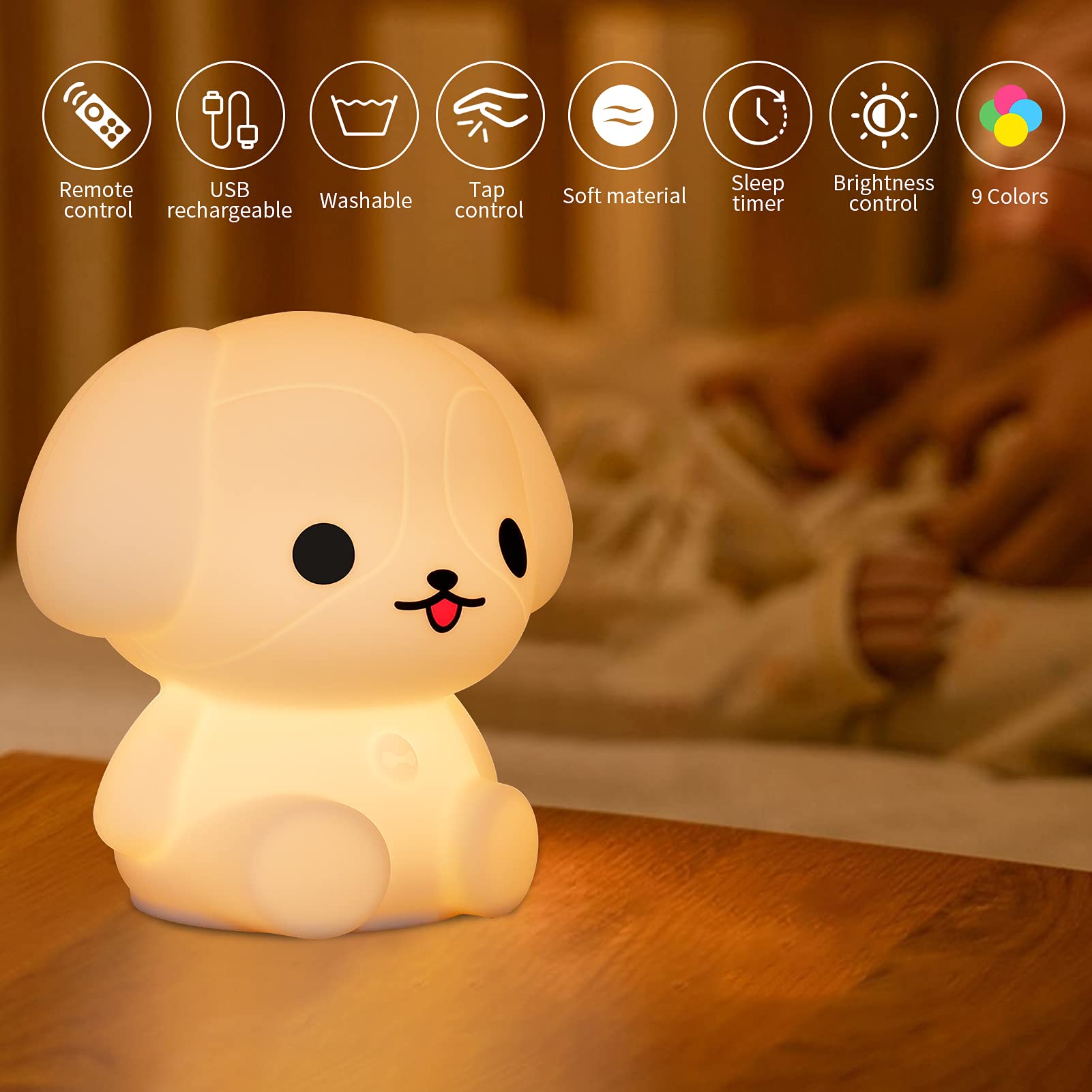 ShaArkMango LED Night Light for Kids, Dimmable Silicone Rubber Puppy Lamp, Rechargeable Bedside Nursery Light