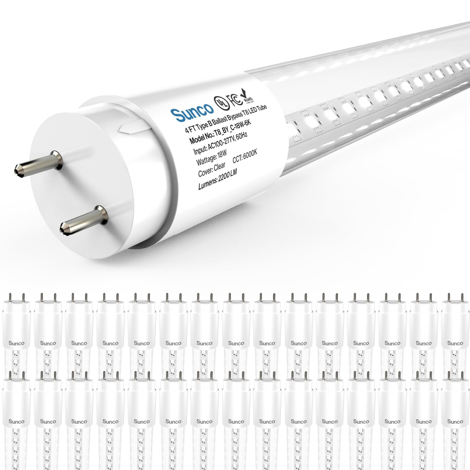 Sunco 30 Pack T8 Led Bulbs 4 Foot, Tube Light Bulbs Ballast Bypass, 48 Inch Fluorescent Replacement, 2200 Lm, 18W, 6000K Dayligh
