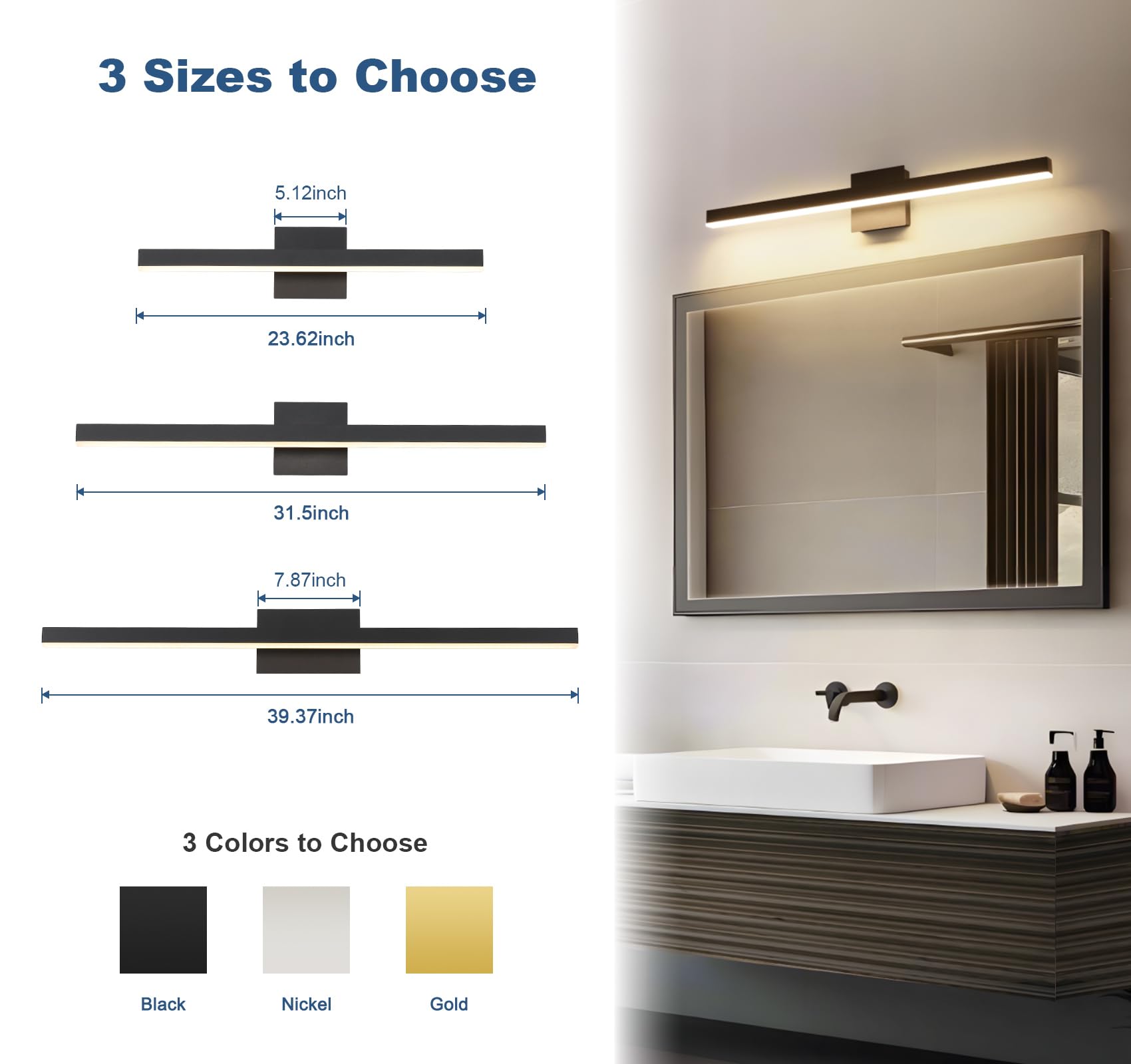 Joossnwell Black Bathroom Light Fixture 5CCT Dimmable Vanity Light 31.5 Inch Acrylic Model 7560-18W-SN-5CCT