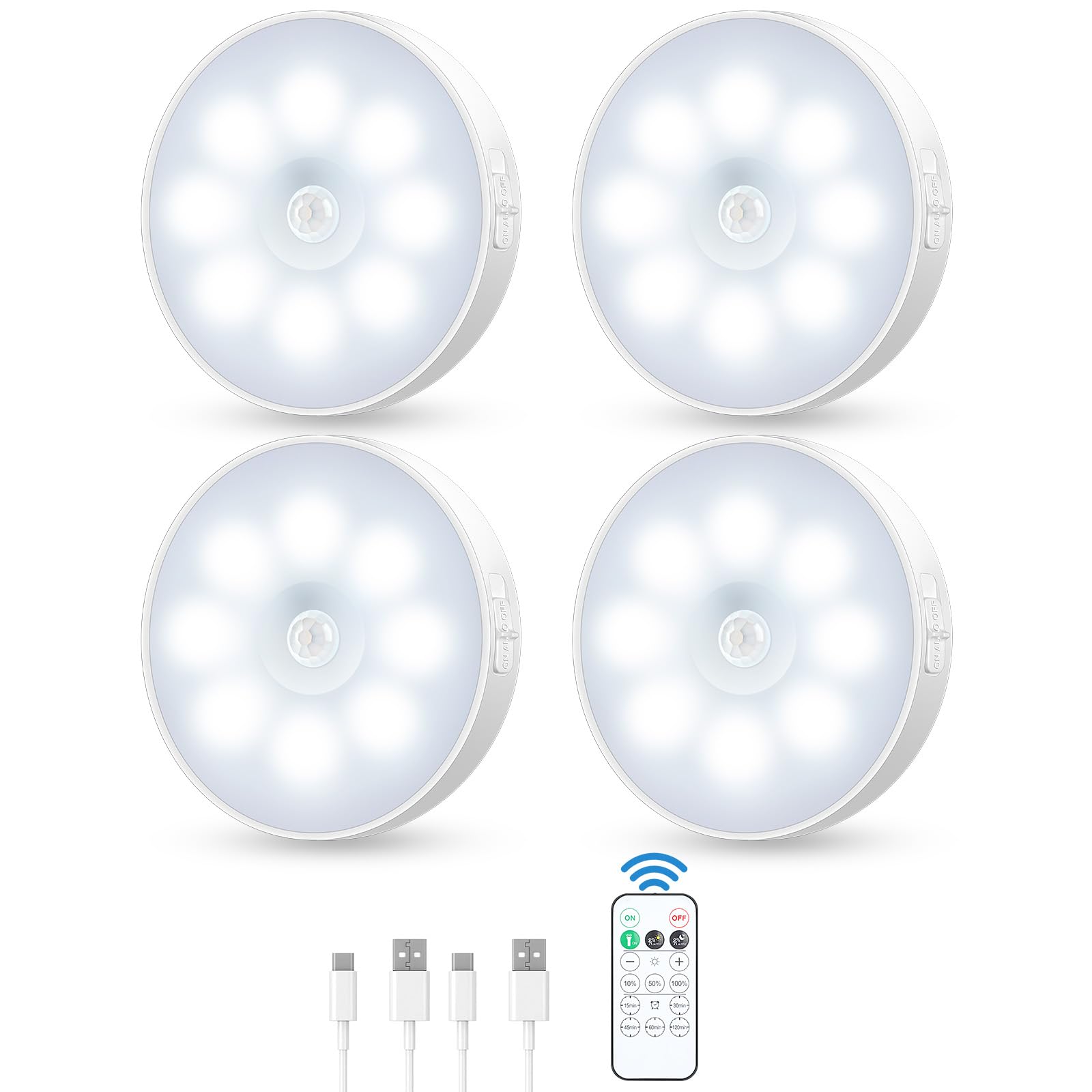 YLXS Motion Sensor Puck Light with Remote, Wireless Dimmable Under Cabinet Lights, Rechargeable Magnetic Closet Light, Stick on 