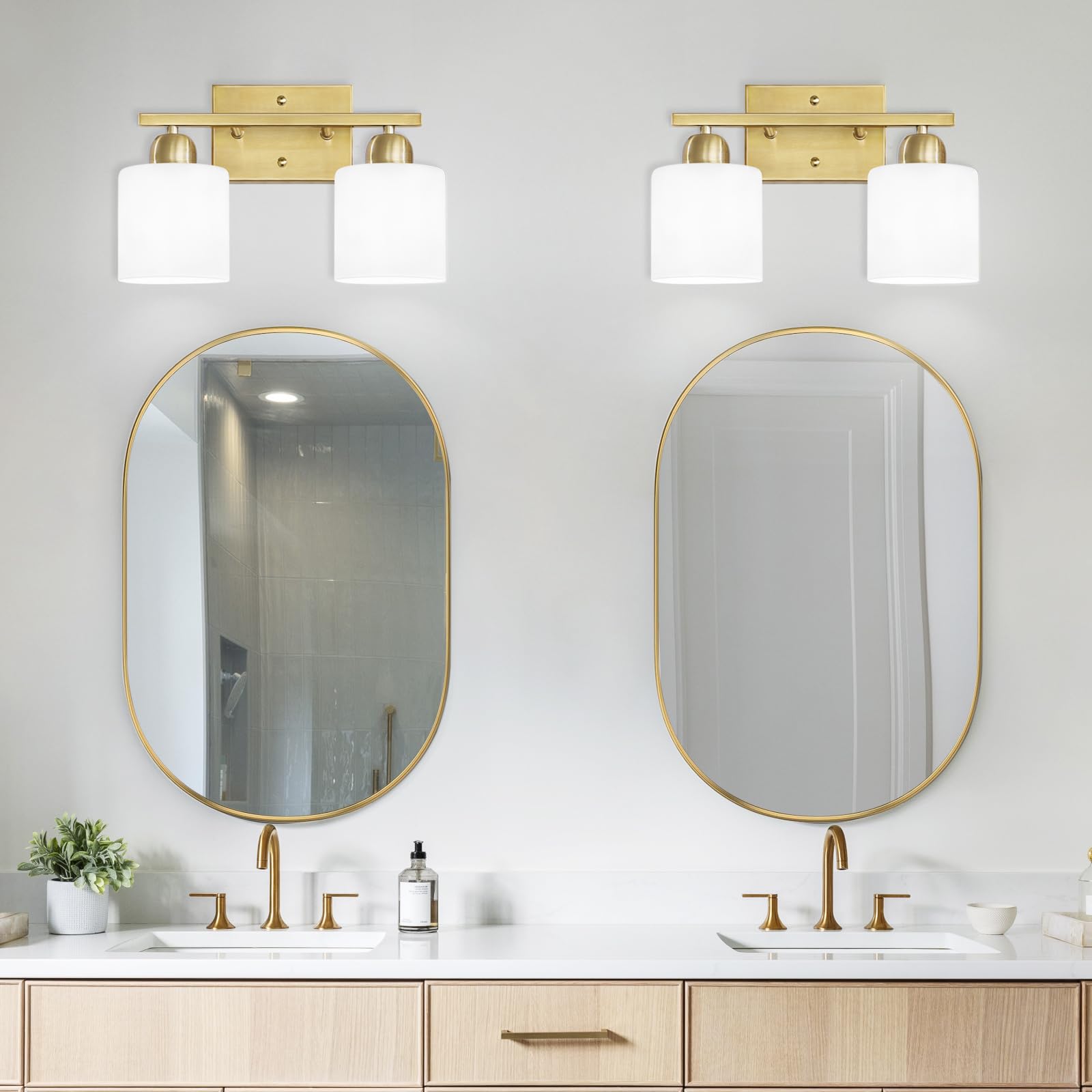 FAISHILAN 2-Light Brushed Gold Vanity Lights for Bathroom, Gold Vanity Lights for Bathroom with Milky White Frosted Glass Shades