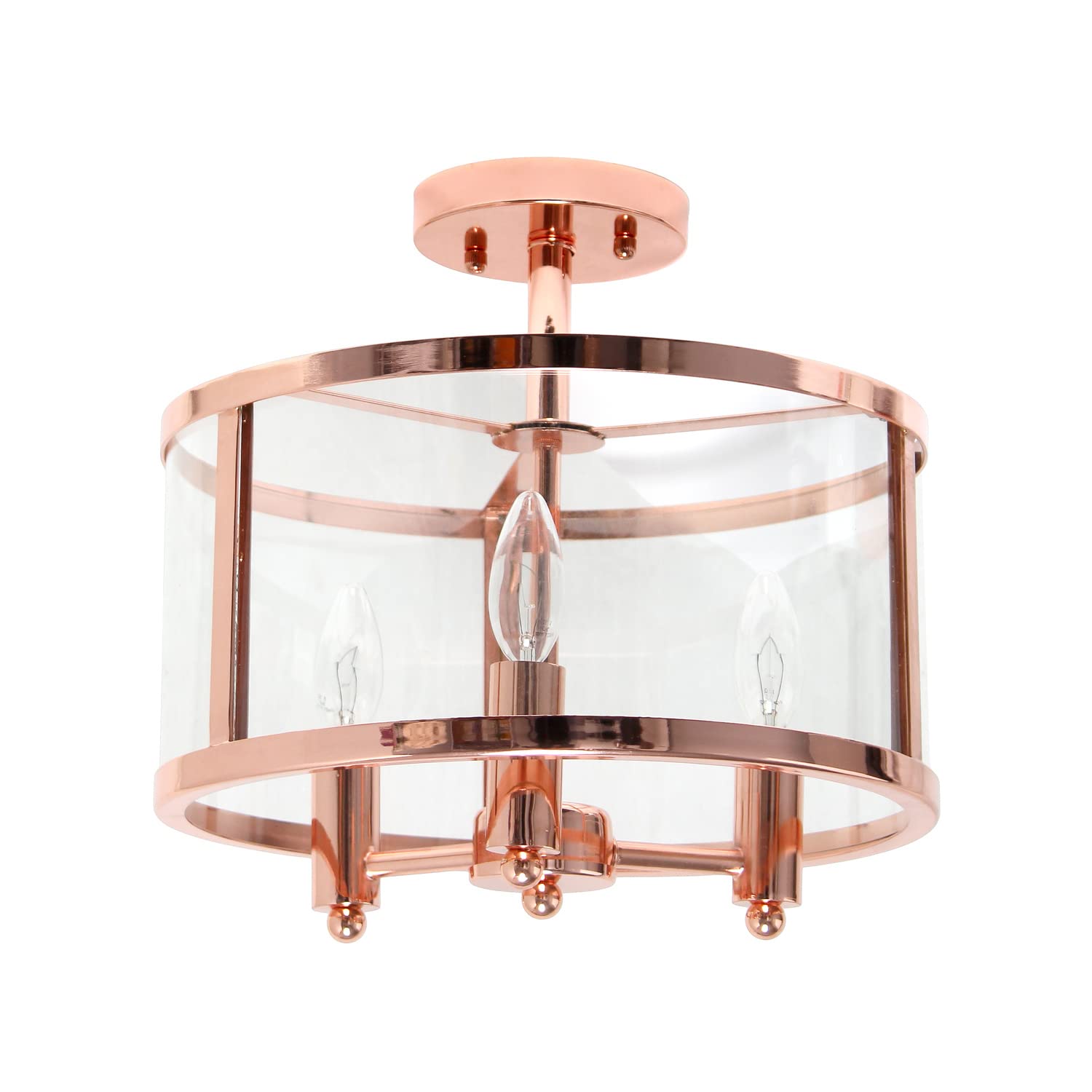 Elegant Designs FM1005-RGD 3-Light Semi-flushmount Ceiling Light, 13in Iron and Glass, Rose Gold, Traditional Farmhouse Style