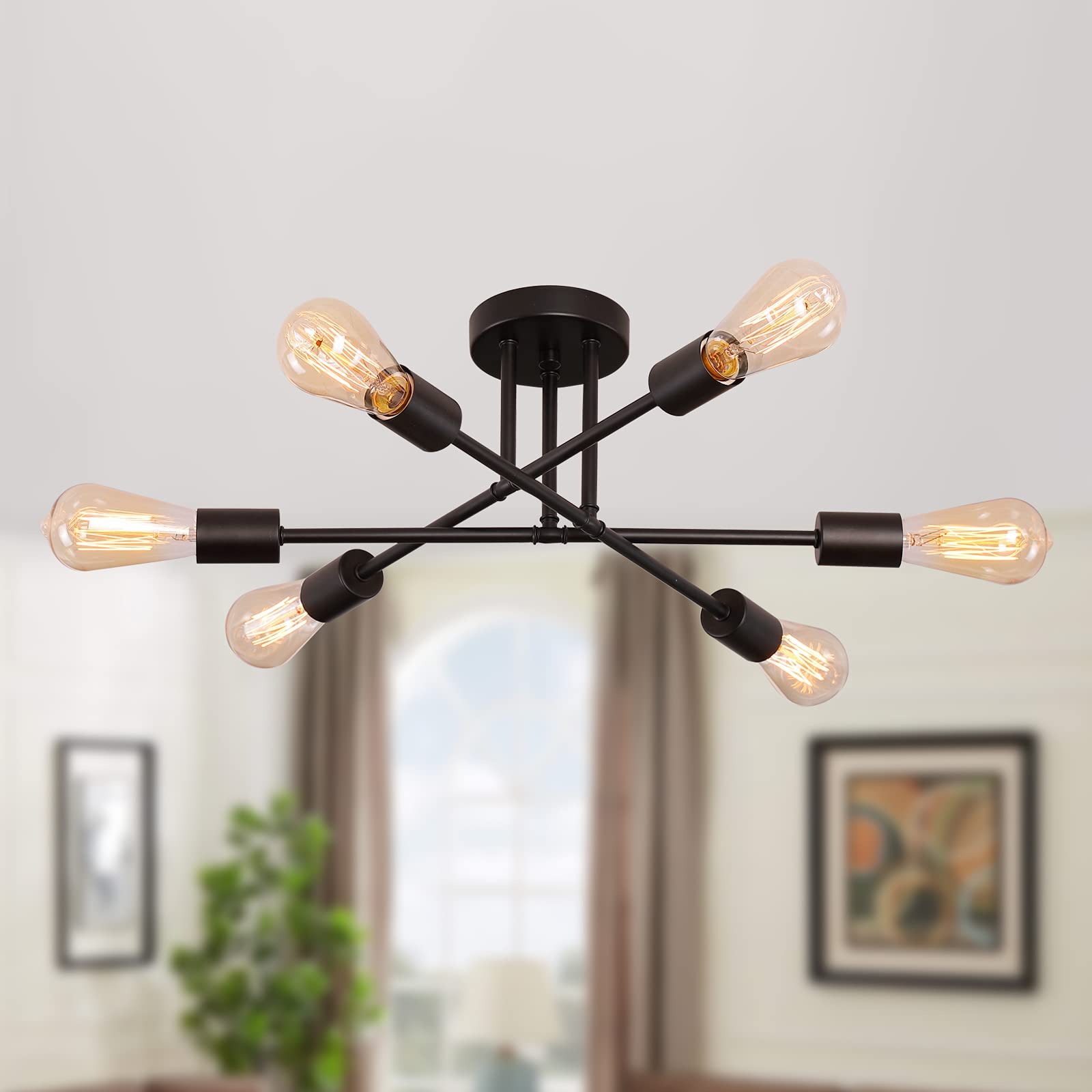 Meixisue Black Modern Sputnik Chandelier Ceiling Light Fixtures,6-Lights Industrial Metal Semi Flush Mount Ceiling Light For Bed
