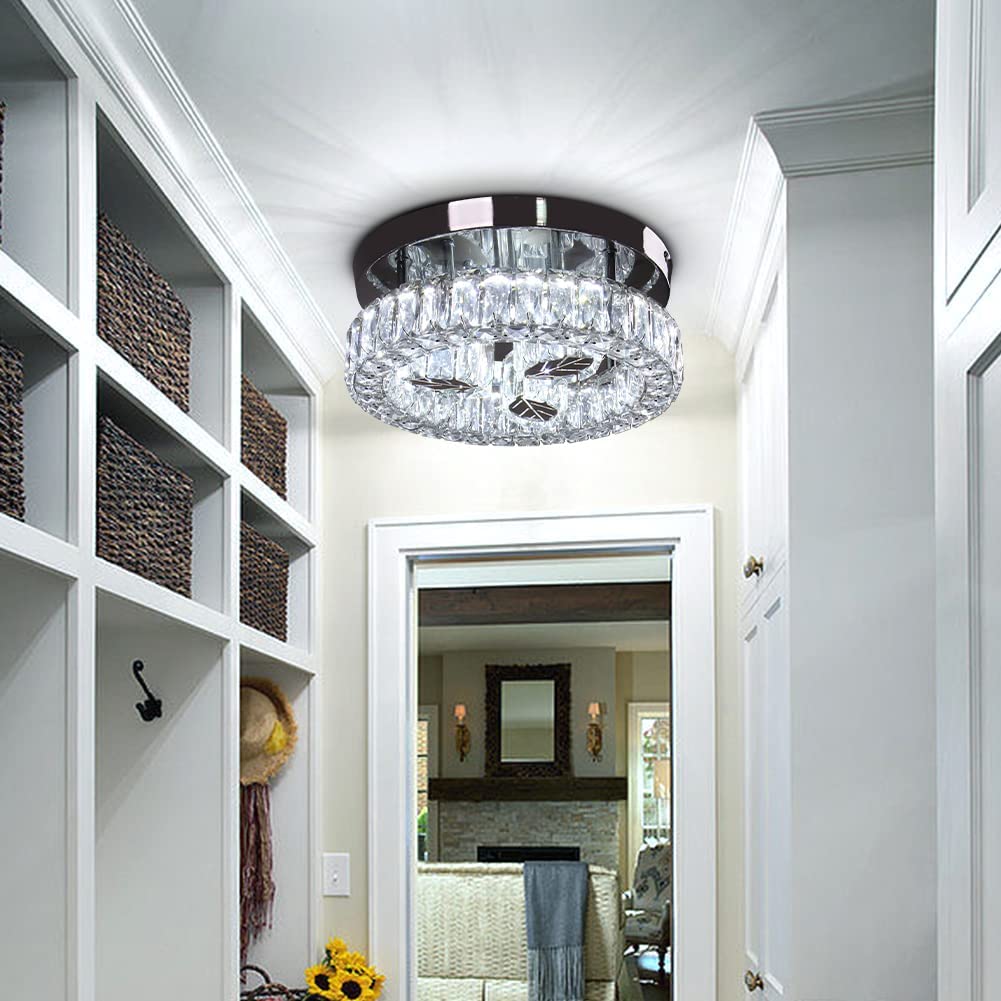 Finktonglan 11.6&quot; Modern Crystal Led Ceiling Light Fixture, Stainless Steel, Cool White