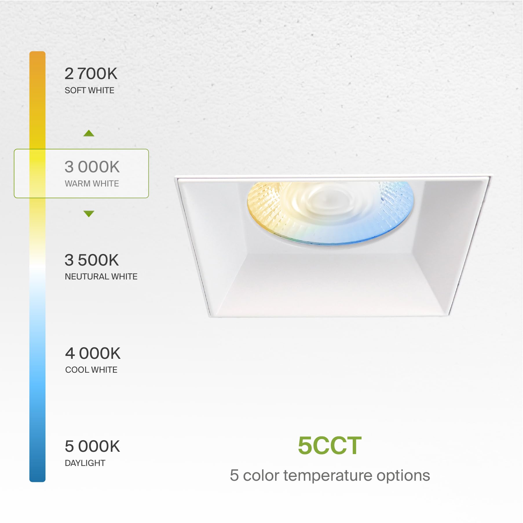 ASD LED Recessed Lighting Downlight, 6in 24W, Square, Dimmable, 5 CCT 2700K-5000K, CRI 90+,