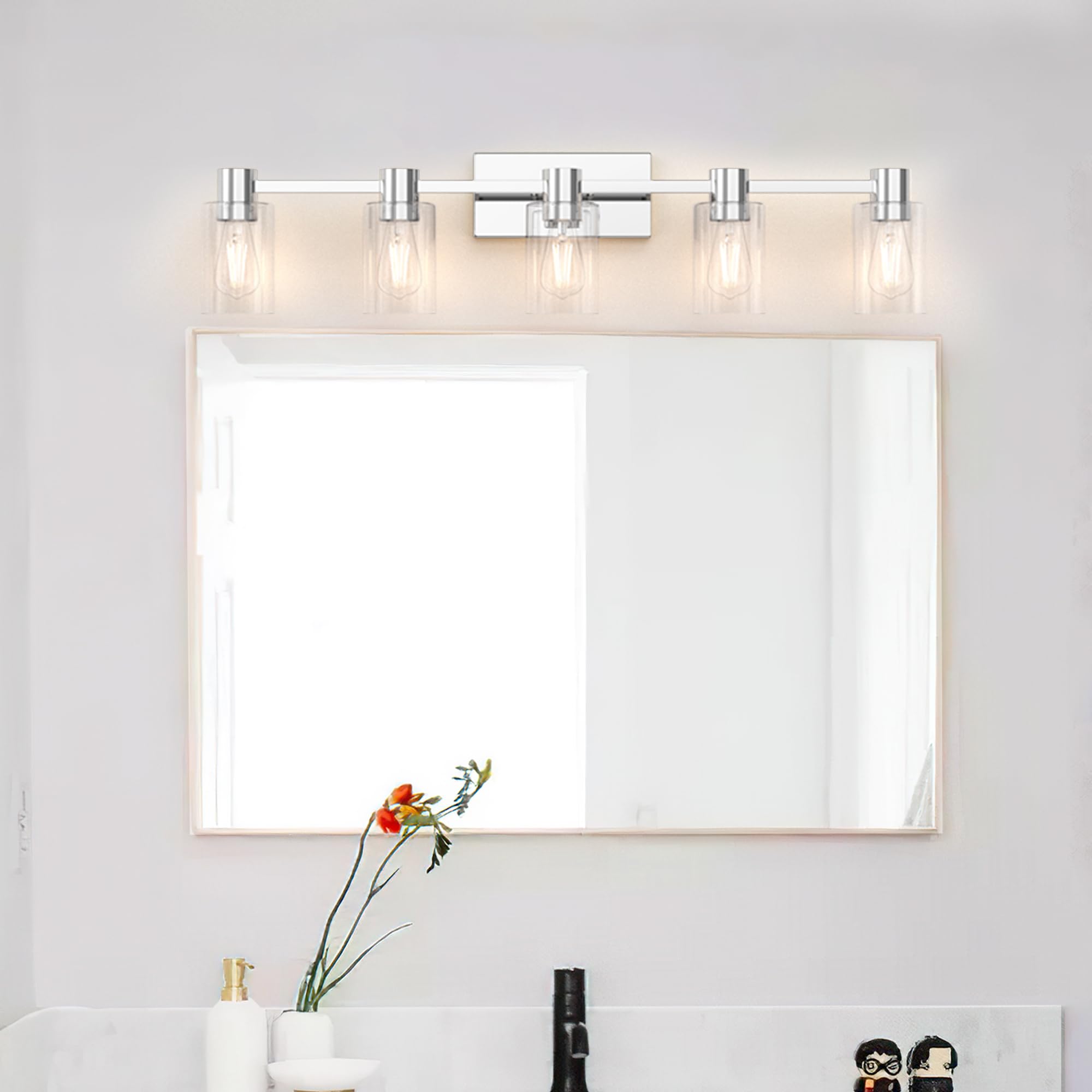 Esfos 5-Light Modern Vanity Light Fixture, Polished Chrome, Clear Glass Shade, Wall Sconce for Bathroom, E26 Base, Model 3744c27d-9d03-4