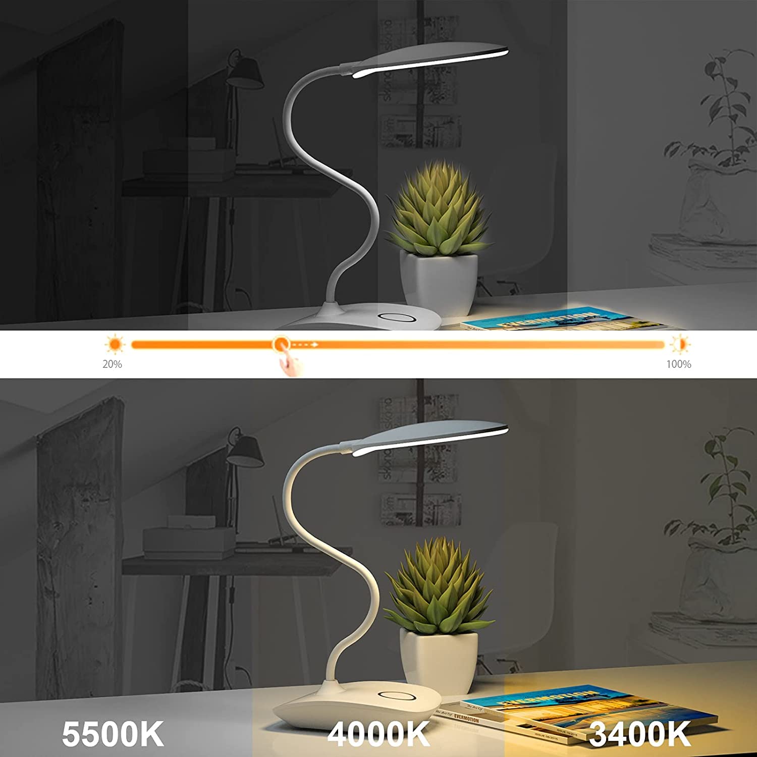 DEEPLITE LED Desk Lamp, 3 Lighting Modes, Touch Control, Portable, 2 Pack, White, Eye Caring, Flexible Gooseneck
