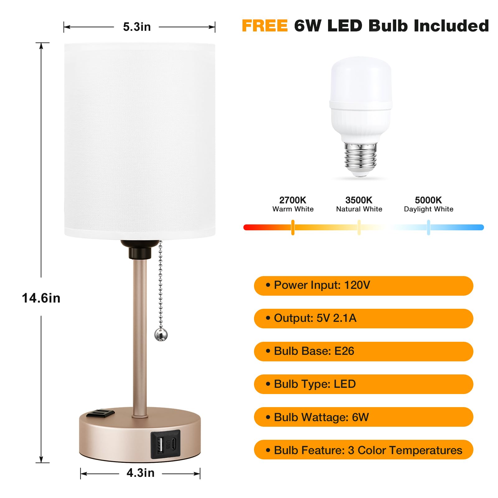 Dicoool Bedside Table Lamp - 3 Color Temperatures, USB C & A Ports, AC Outlet, 14.6in, White - Light Gold, Model 15-1