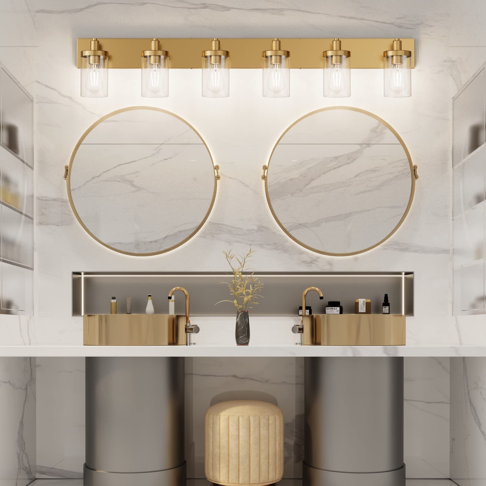Aipsun Gold Bathroom Vanity Light, 6-Light, Aluminum, Model GW-1136, Clear Glass Shade