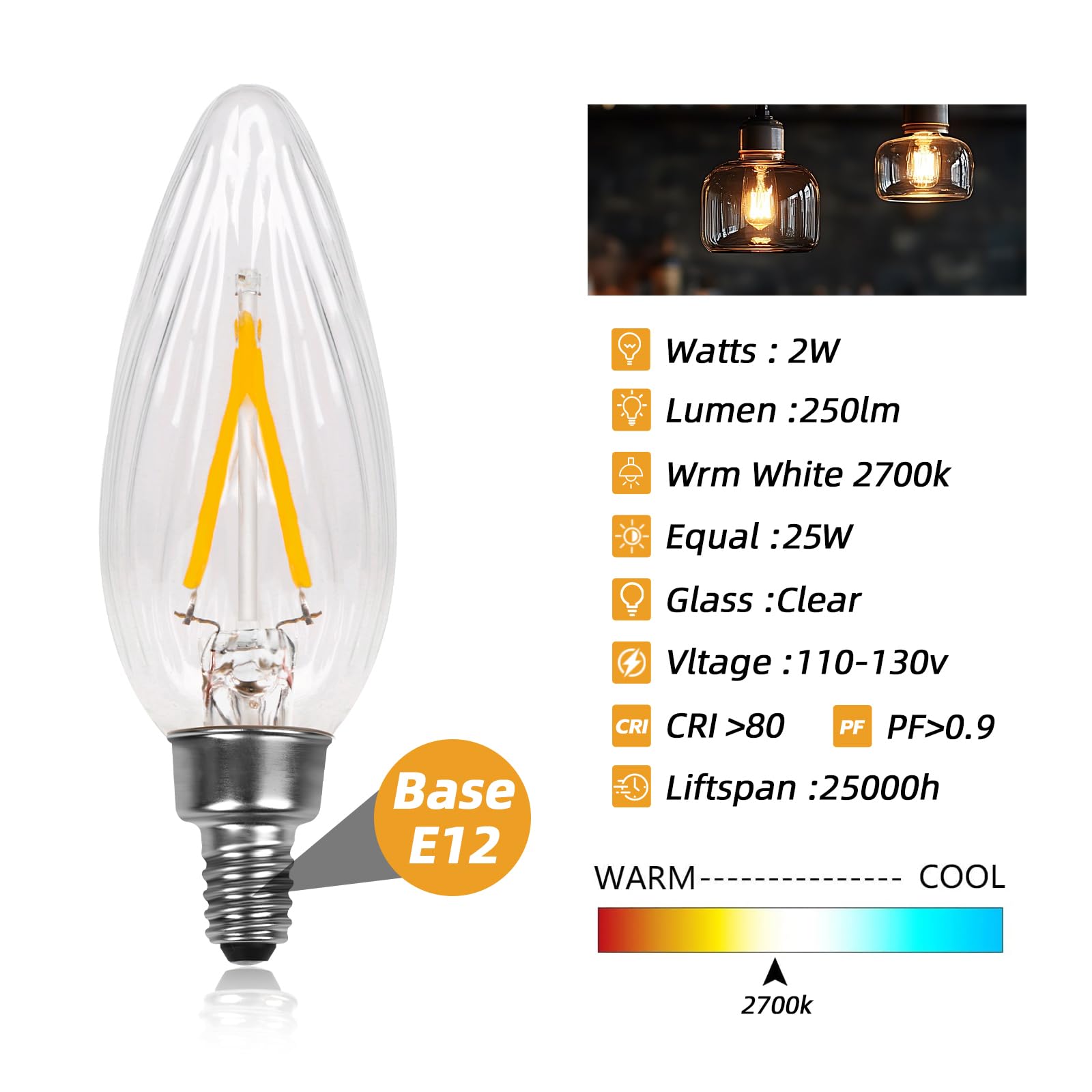 HMYYJT E12 LED Bulb Dimmable 2700K Soft White, 25W Equivalent, Candelabra, B10 Clear Wrinkle Glass, 12 Pack