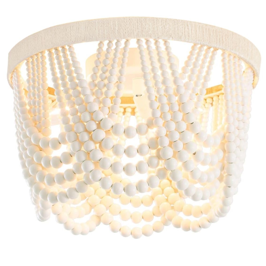 Wuhuyipi Boho Wood Beaded Chandelier,LED Flush Mount Ceiling Light,Farmhouse Rustic White Hemp Rope Chandeliers Fixture for Bedr