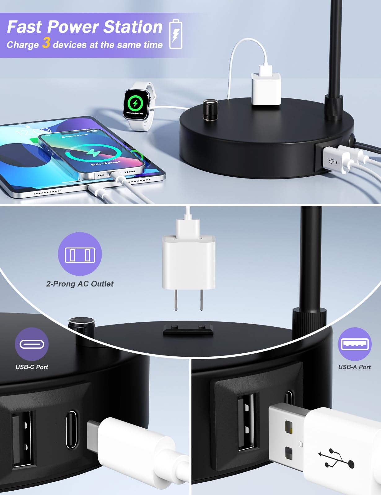 Gold Table Lamp With Usb Port And Outlet, Dimmable Nightstand Bedside Lamps With Linen Lampshade, Desk Lamp For Bedroom, Living