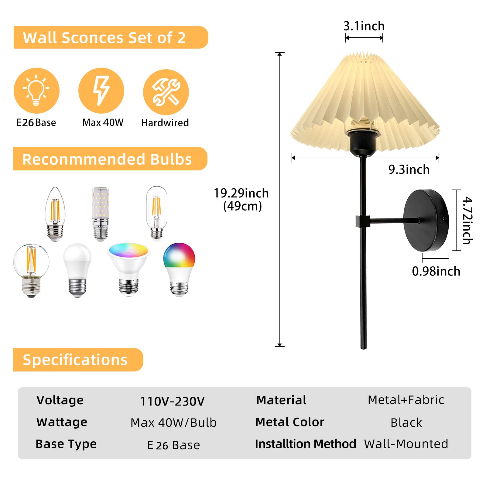 Wall Sconces Sets Of 2, White Pleated Fabric Lampshade Matte Black Wall Lamp, Column Bracket Wall Lighting, Bathroom Dresser Hardwired Lamp Fixture, Applicable To Living Room, Bedroom And Dining Room