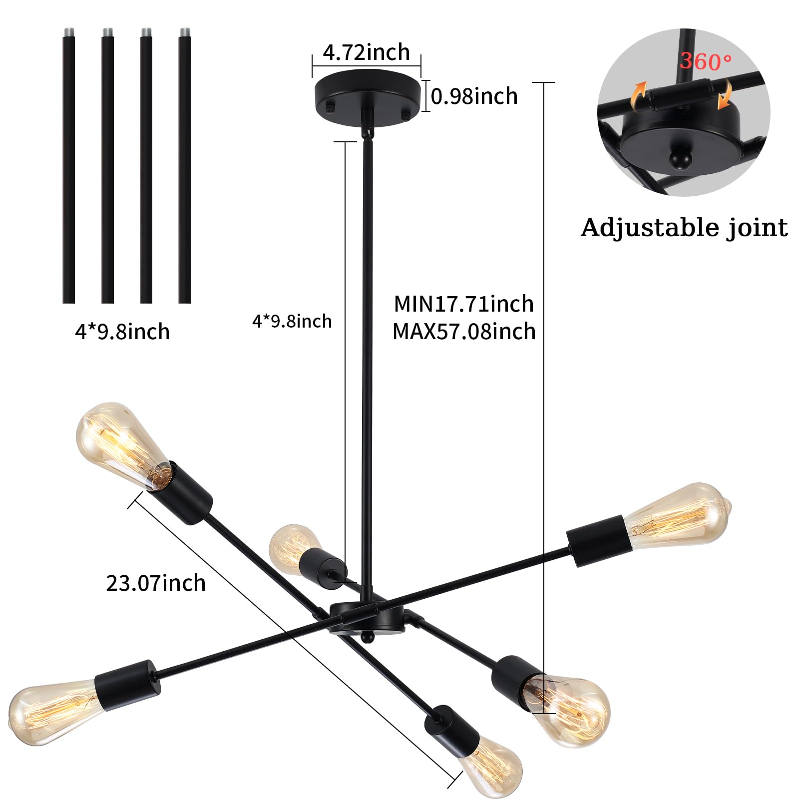 Lxwnyy Sputnik Chandeliers- Modern Sputnik Ceiling Light Fixture 6 Lights For Living Room - Industrial Black Sputnik Light For D