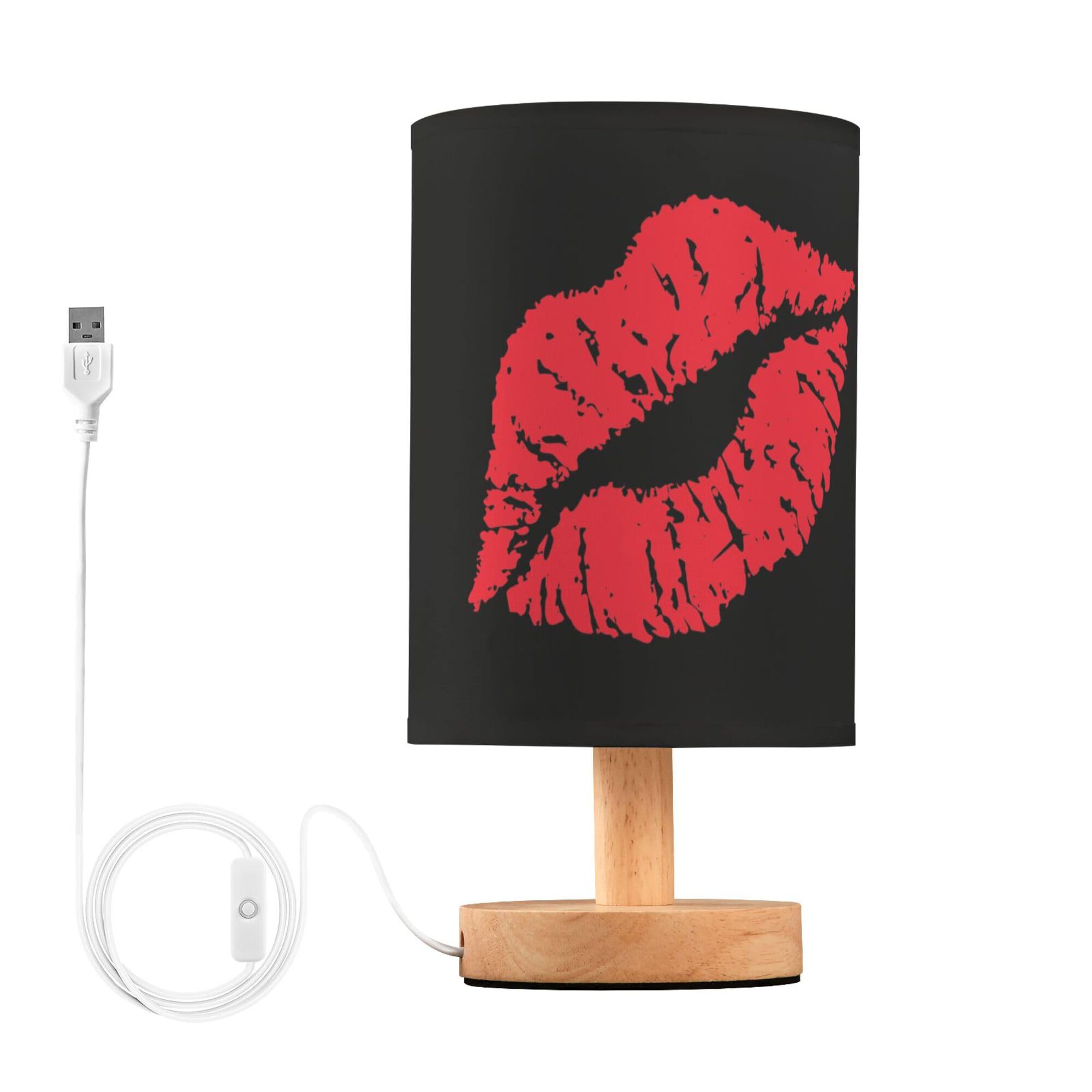 YYZZH Table Lamp Sexy Red Lip on Black Nightstand Lamp with Wood Base Fabric Lamp Shade Bedside Desk Lamp for Living Room Bedroo