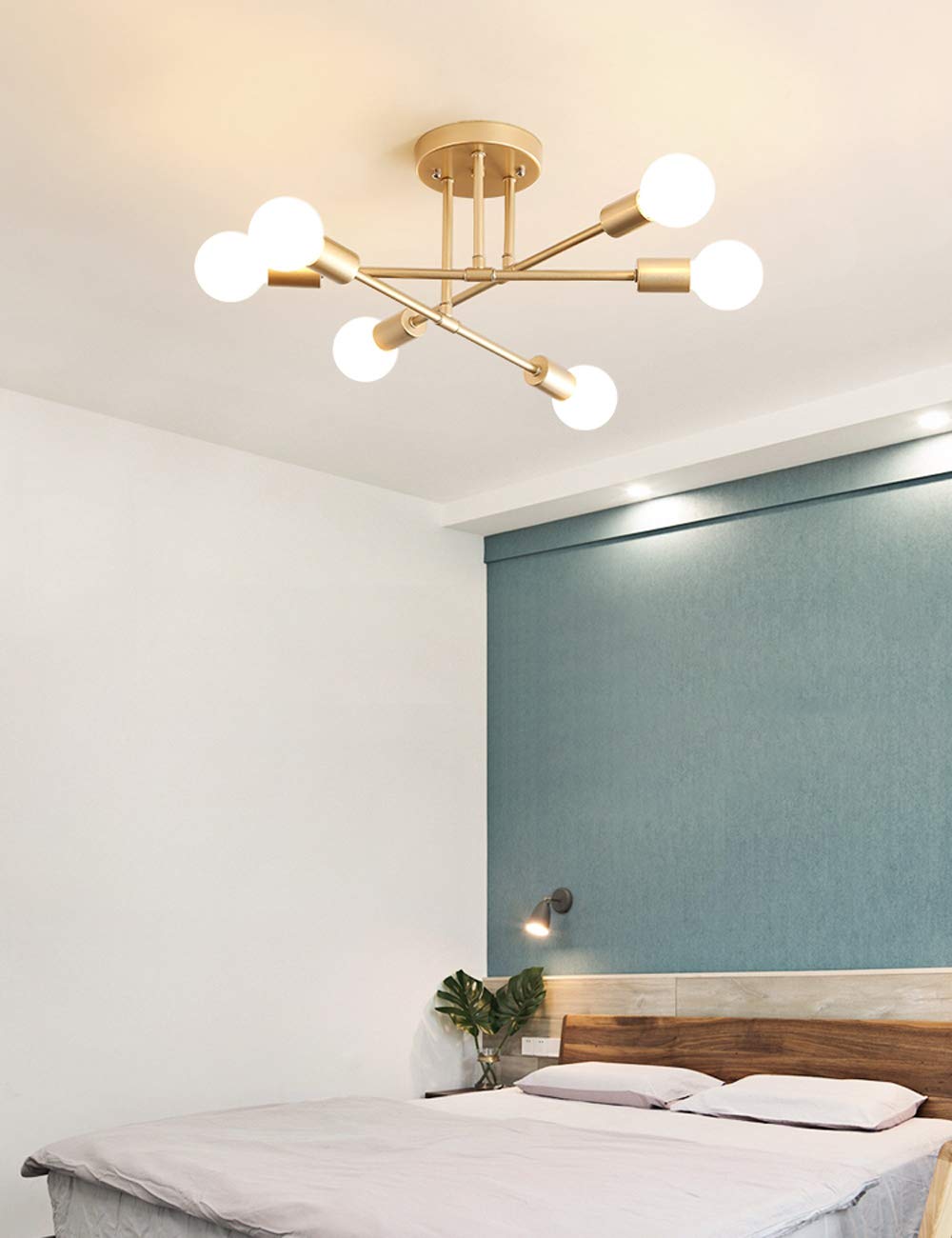 Dellemade Modern Sputnik Chandelier, 6-Light LED Ceiling Light, Gold Finish, Model XD02003G for Bedroom, Dining Room, Kitchen, Office