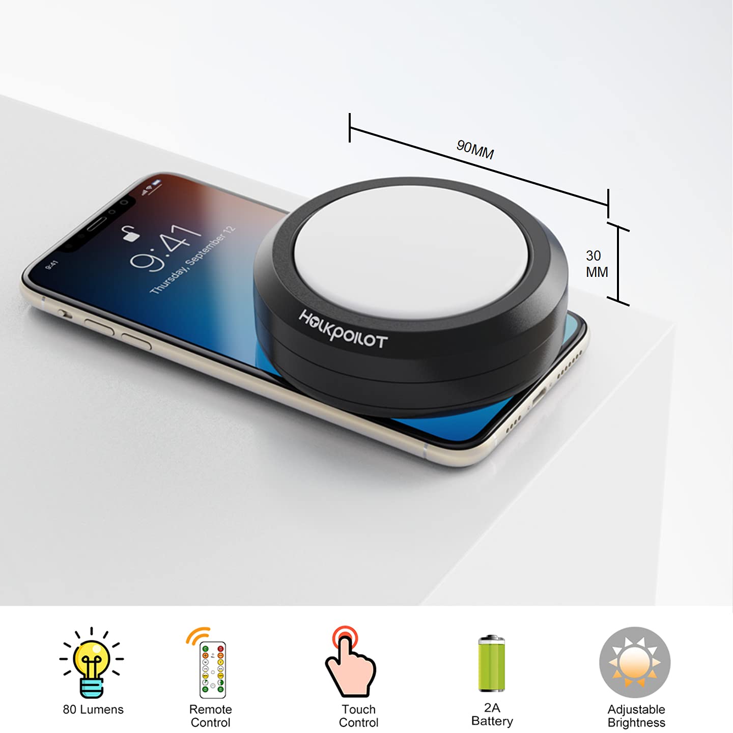 HOLKPOILOT LED Puck Lights with Remote Control, Dimmable, Battery Operated, 4 Pack, Black