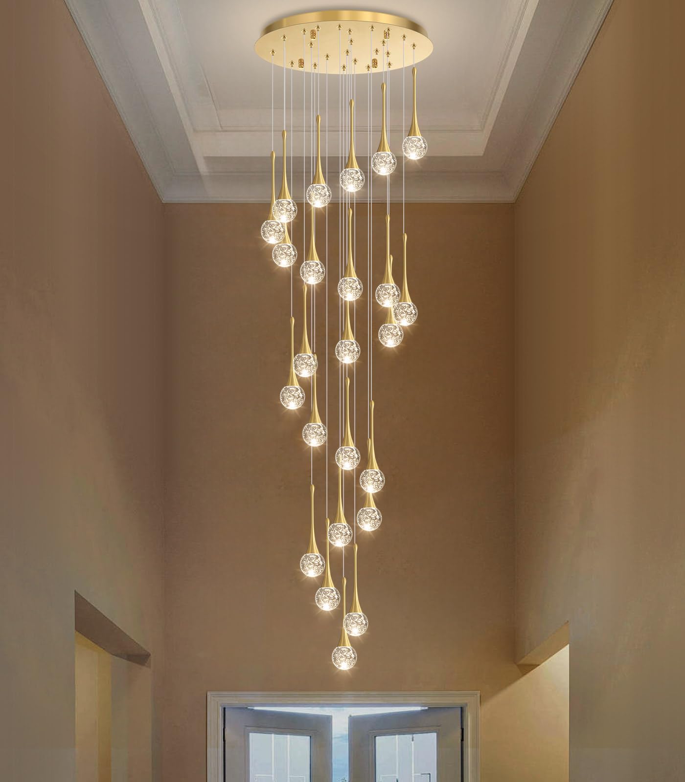 cenozo 24-Light Modern Glam Crystal Chandelier, LED Dimmable, Antique Gold, High Ceiling Lighting, Model RS2037-24G