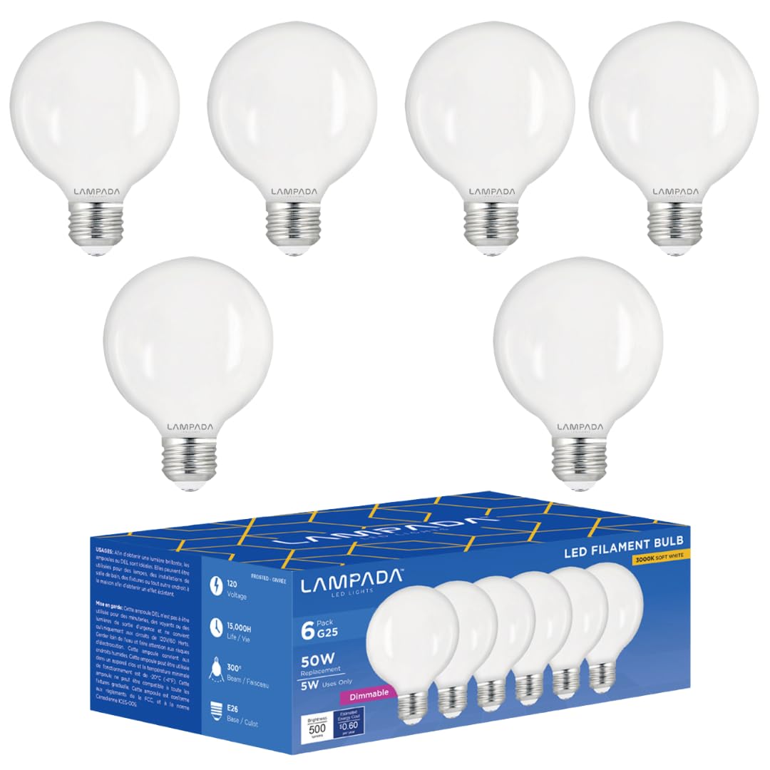 Lampada 6 Pack Vanity Globe Light Bulbs G25 Globe Led For Bathroom Mirror 3000K Warm White, Dimmable, 500 Lm, 5W, E26 Base, Roun