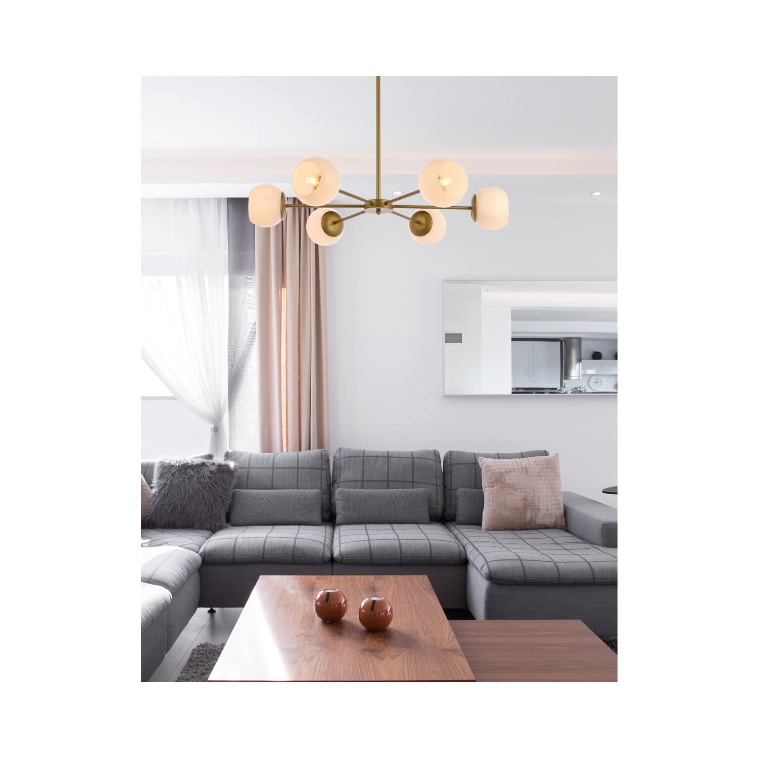Living District Briggs 6-Light Mid-Century Metal Pendant in Brass/White