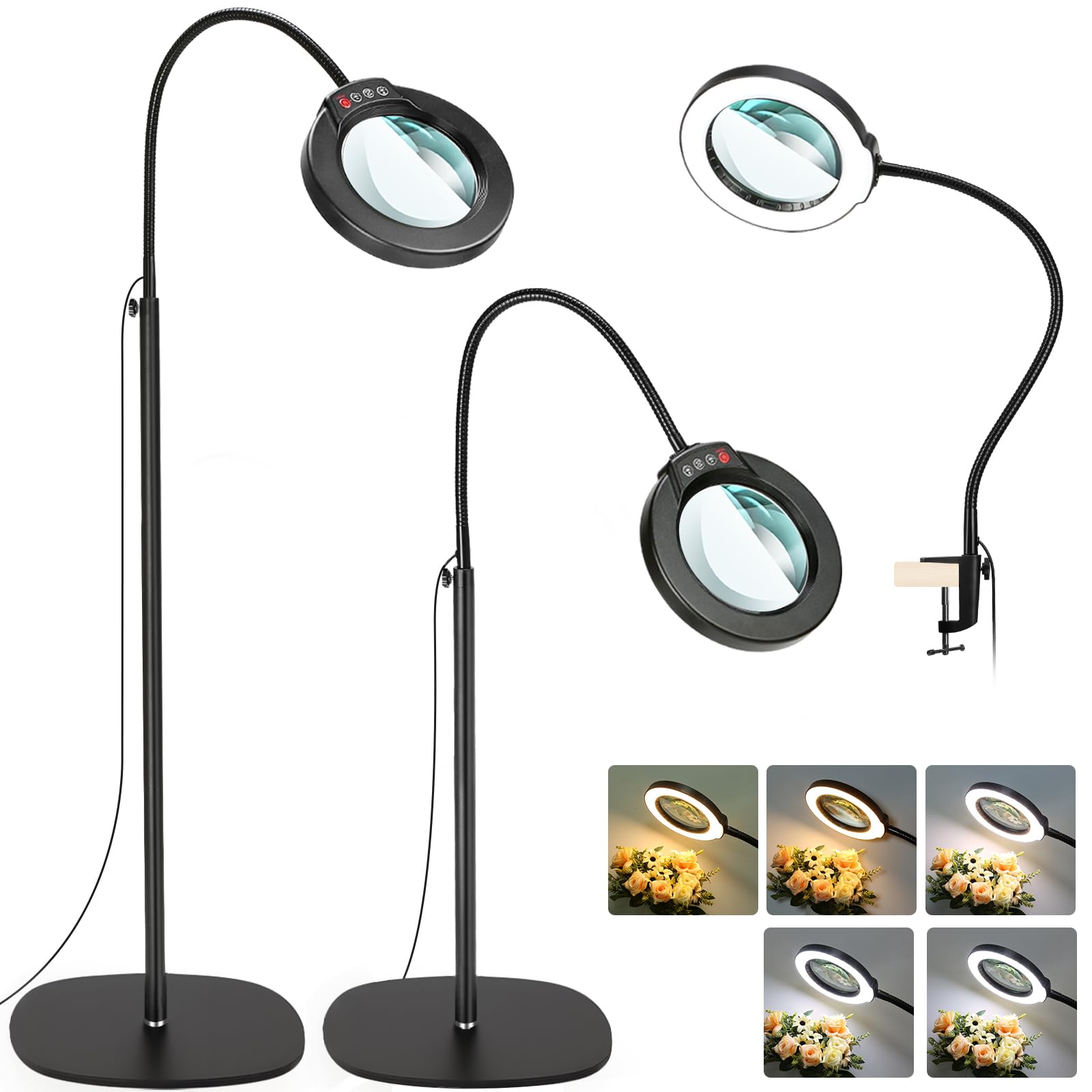 Seylae 10X Magnifying Glass with Light, 24in Gooseneck LED Floor Lamp, Optical Glass Lens, Black, Model BLFG609E01ES