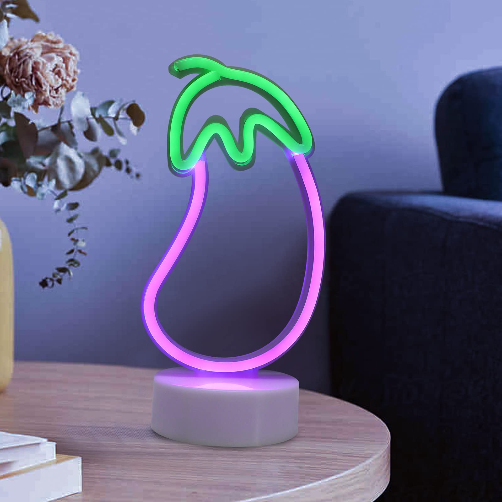 ENUOLI LED Eggplant Neon Sign - USB/Battery Operated Room Decor Light - Purple - Model nNH.Z062 - Eggplant Size