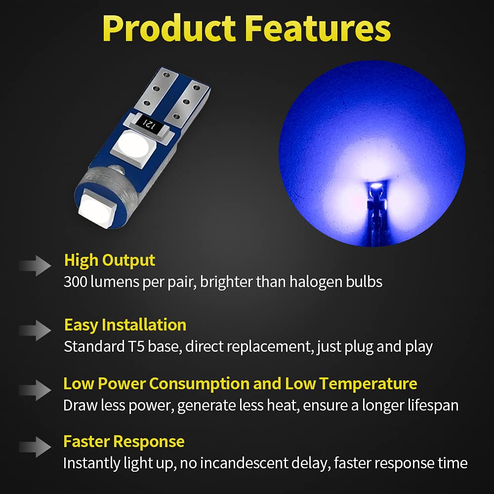 Auxlight 20 Piece T5 Led Bulbs Dashboard Lights 3030 Chipsets 74 37 27 17 2721 Replacements For Interior Dome Door Instrument Panel Cluster Light, Ultra Blue