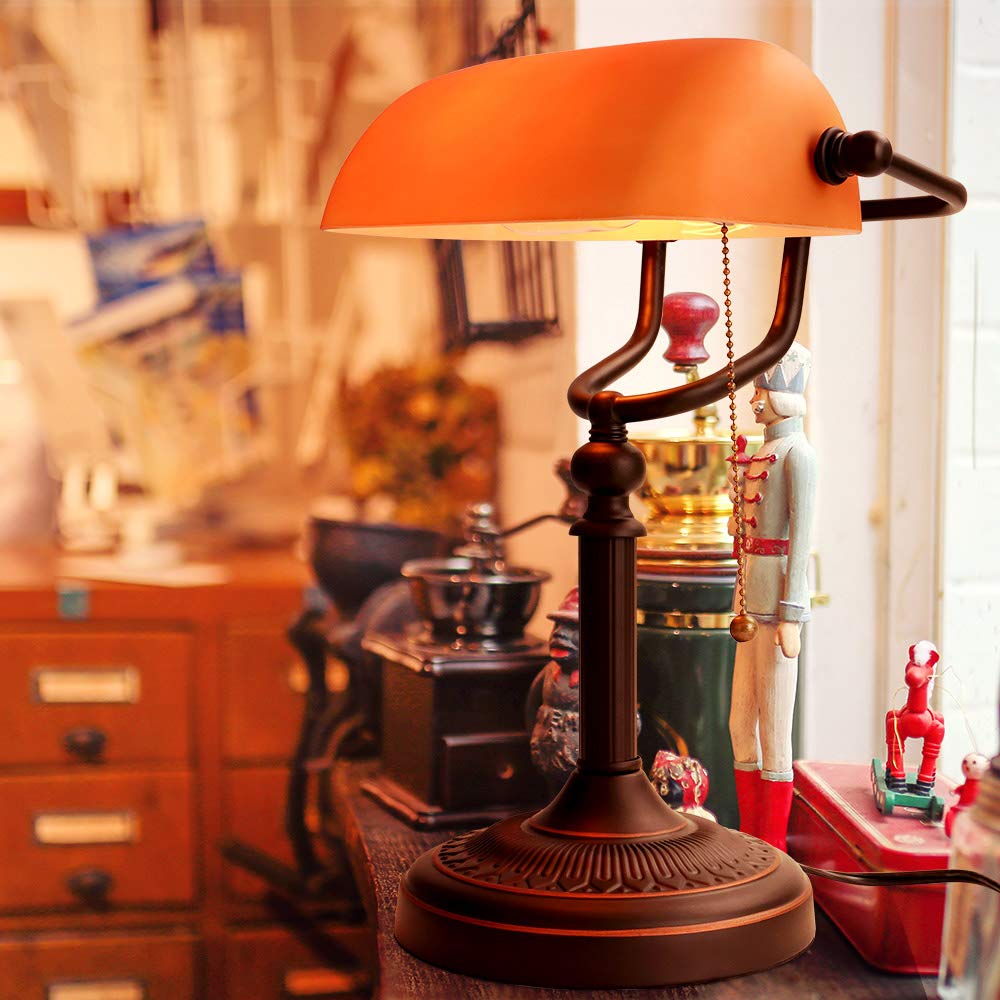 Newrays Glass Bankers Desk Lamp, Classic Size, Pull Chain Switch, Orange, Model T9009