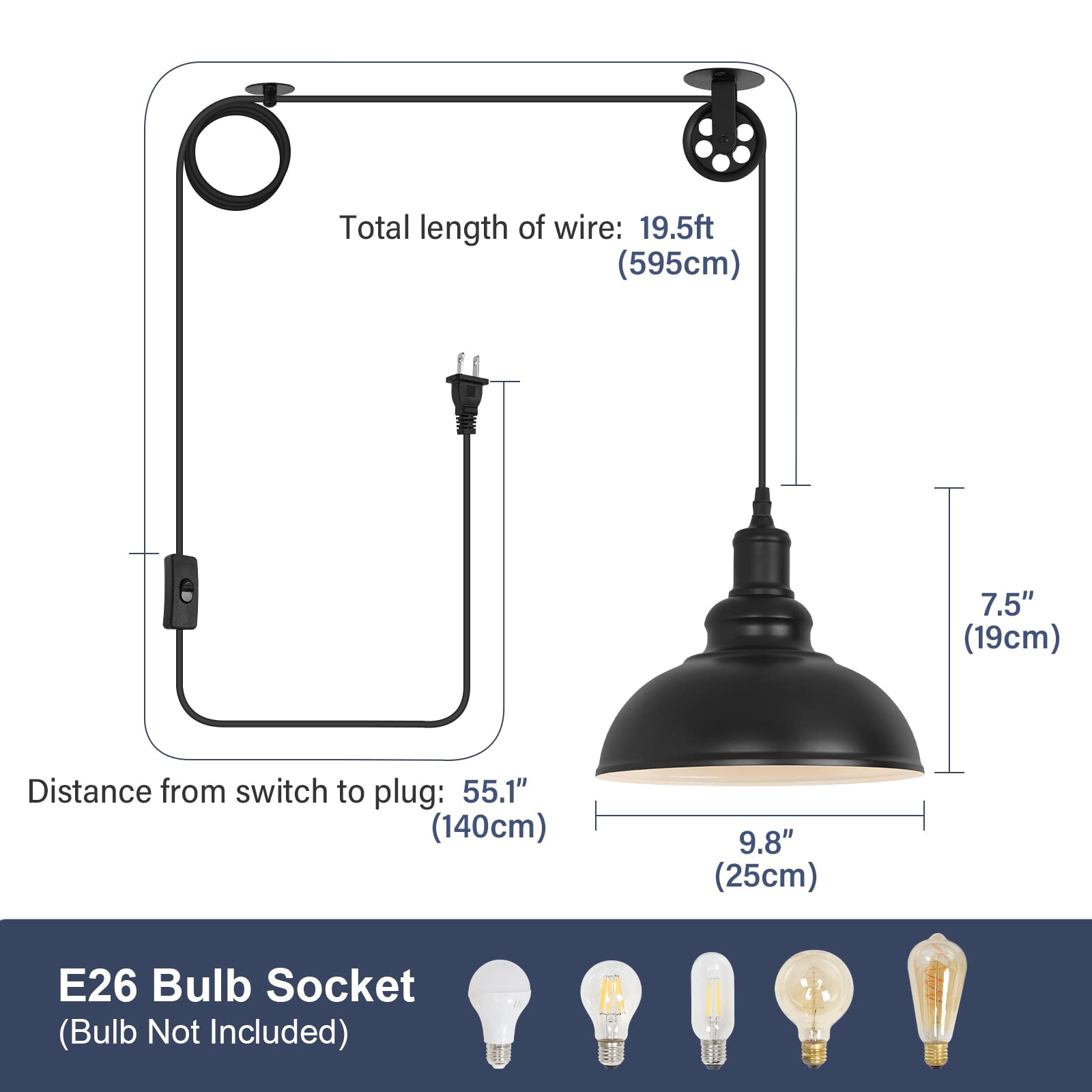 Kighsin Industrial Black Plug In Pulley Pendant Light With 19.5Ft Cord On/Off Switch, Modern Barn Domed Hanging Lamp Ceiling Lig