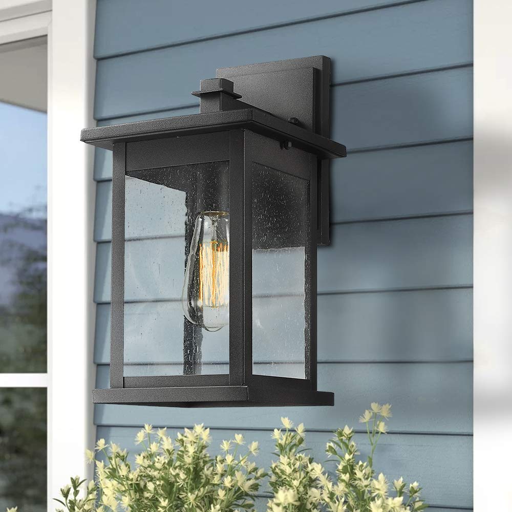 Emliviar 1-Light Outdoor Wall Lantern, 14&quot; Black Finish With Seeded Glass, Large Size
