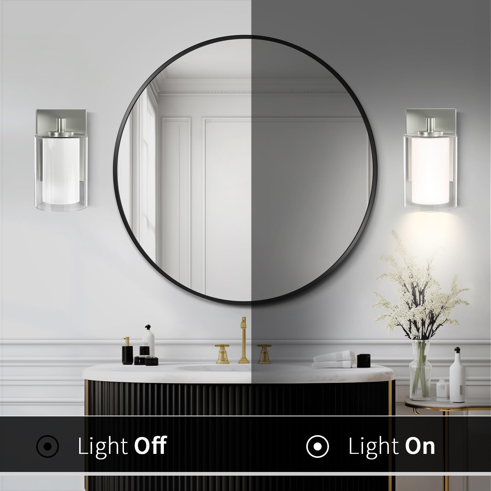 Kalium Wall Sconces Set of 2 Modern Vanity Lights, Double Glass Shade, Matte Black, E26 Base, Ideal for Bathroom, Living Room, Bedroom