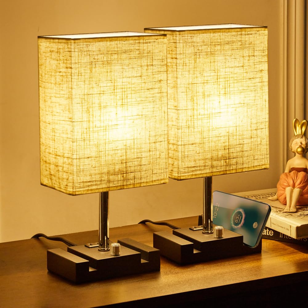 Lifeholder Bedside Lamp, Usb & Type-C Ports, Iron Material, Touch Linen Fabric, Model Lh-T23-F, Warm White Bulb Included