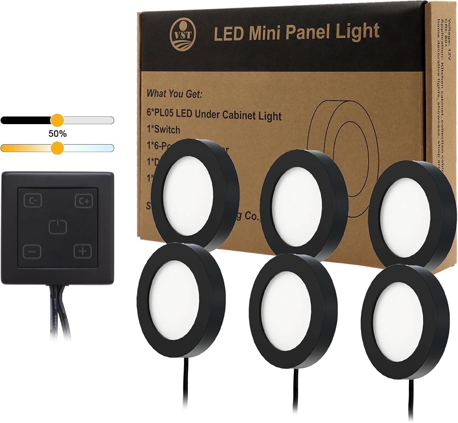 VST Under Cabinet Lights, Adjustable CCT 3000K-6000K, Plug-in Puck Lights, Wired-6pack, Black, Model PL05-W-CC-B