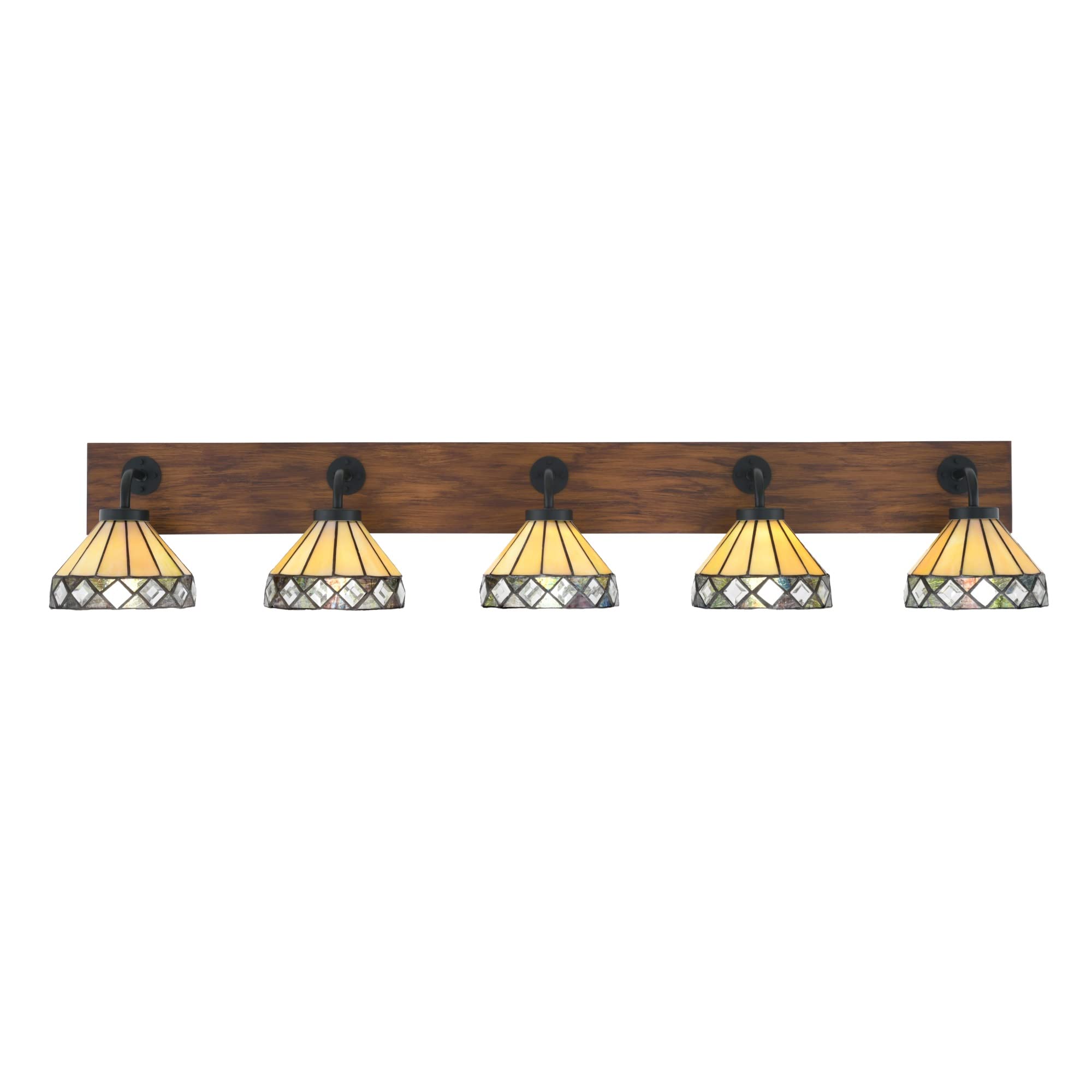 Oxbridge 5 Light Bath Bar In Matte Black & Painted Wood-Look Metal Finish With 7" Diamond Peak Art Glass