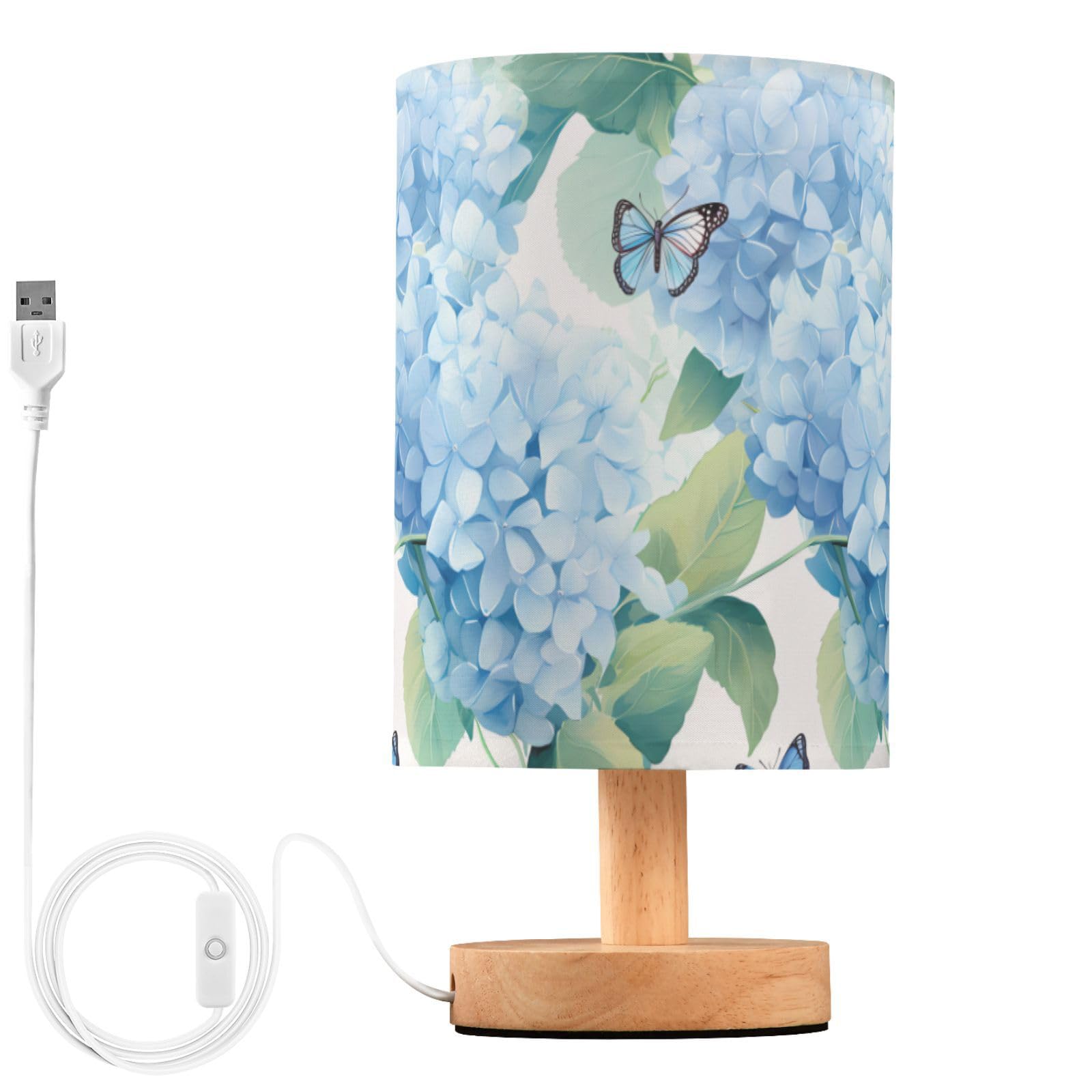 ALAZA Blue Hydrangea Flower Butterfly Floral Decor Bedside Table Lamp with USB Port for Bedroom Nightstand Office Desk LED Bulb 