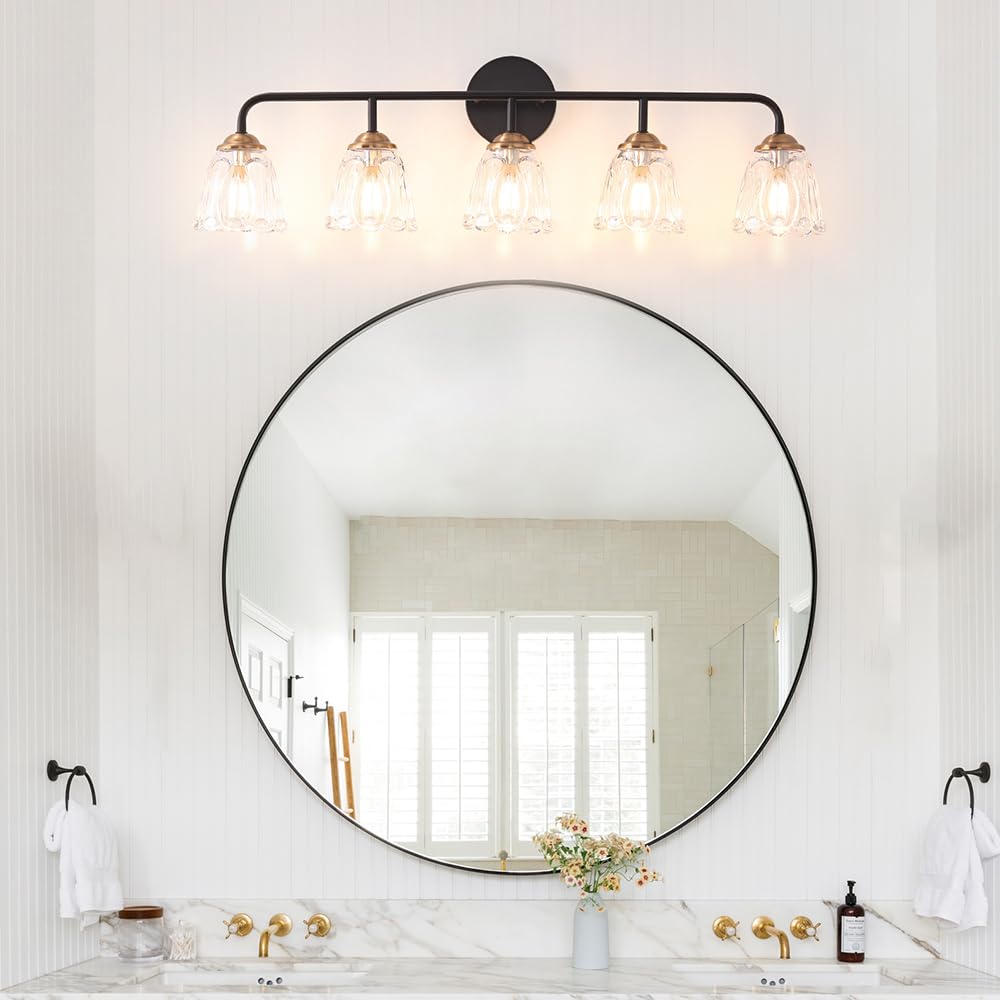 Vintage Vanity Lighting For Bathroom, Black And Gold Bathroom Vanity Light Fixtures With Clear Glass Shade, Elegant 5-Light Bath